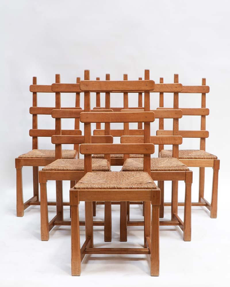 Mid-Century Modern Set of 6 French Oak Dining Chairs For Sale