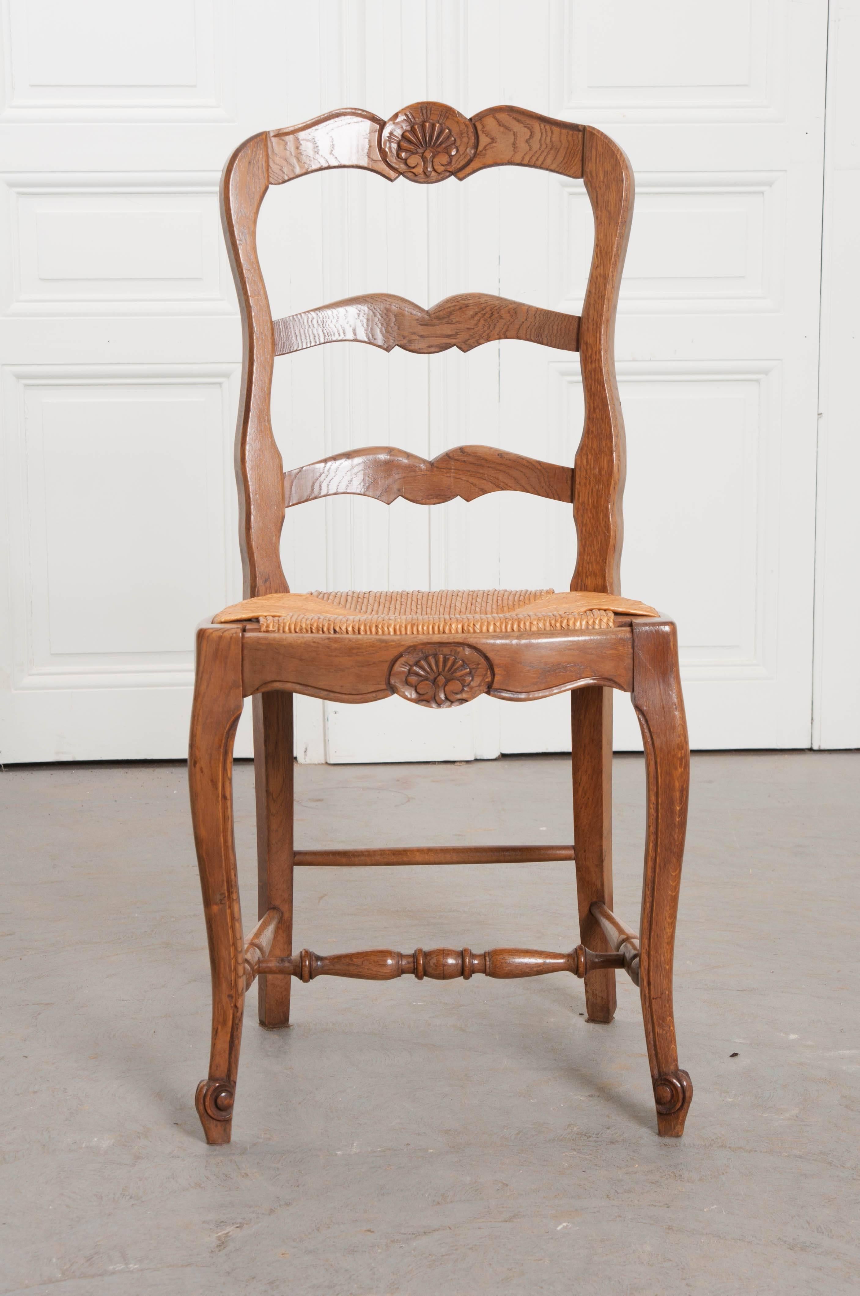 French Provincial Set of Six French Oak Ladder Back Chairs with Rush Seats