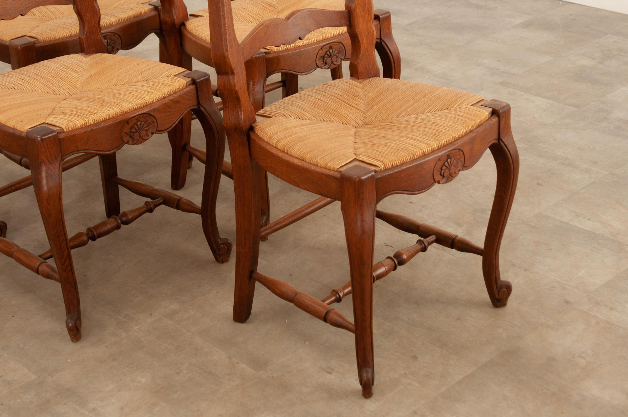 Louis XV Set of 6 French Oak Rush Seat Dining Chairs