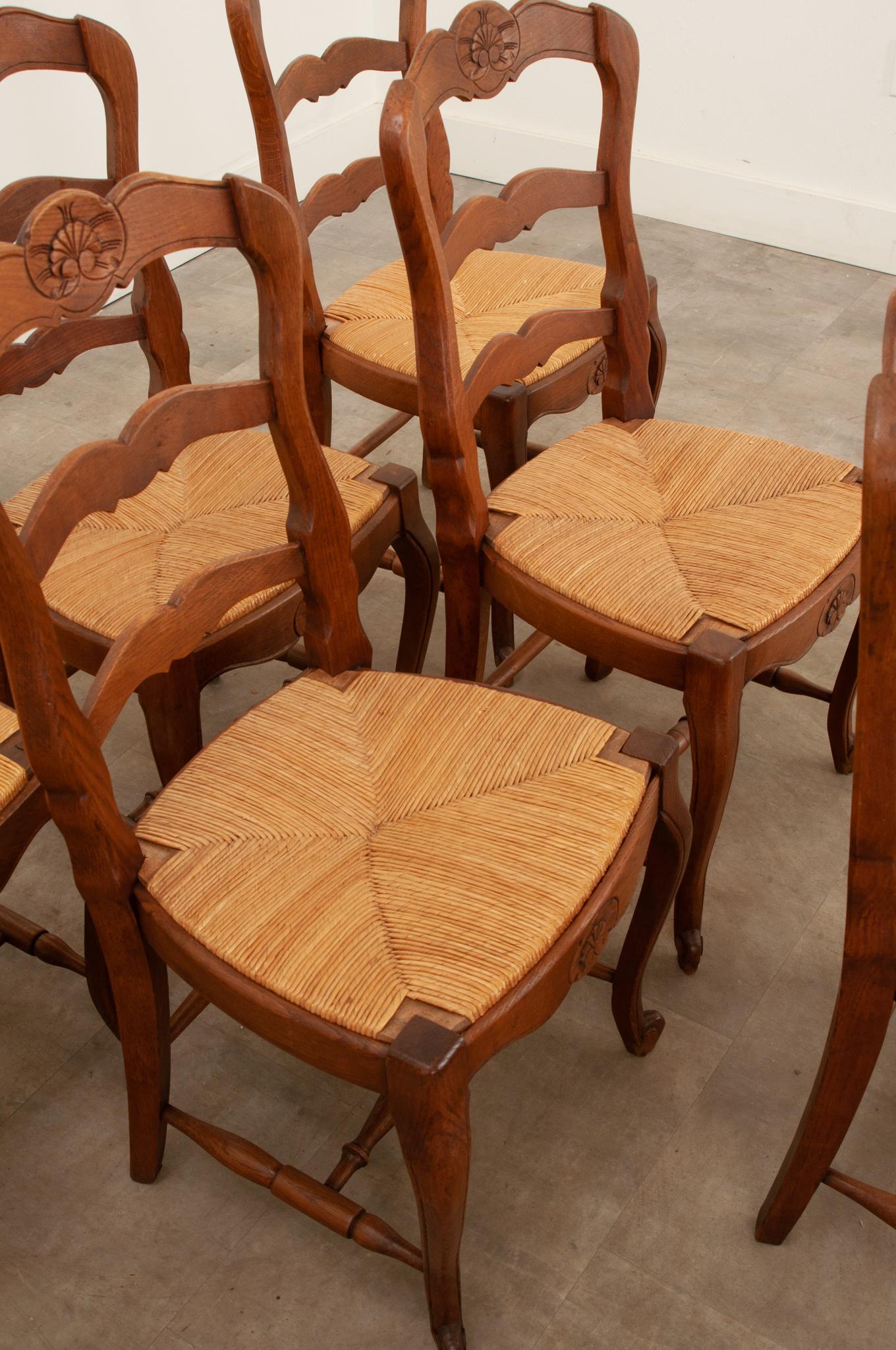Woodwork Set of 6 French Oak Rush Seat Dining Chairs