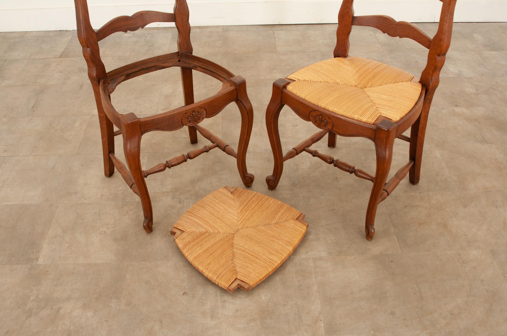 20th Century Set of 6 French Oak Rush Seat Dining Chairs