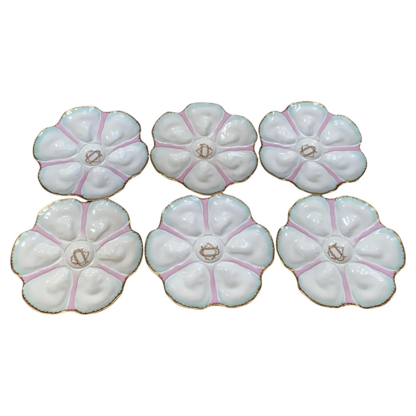 Juego de 6 Platos de Ostra de Porcelana Francesa Limoges Circa 1900.