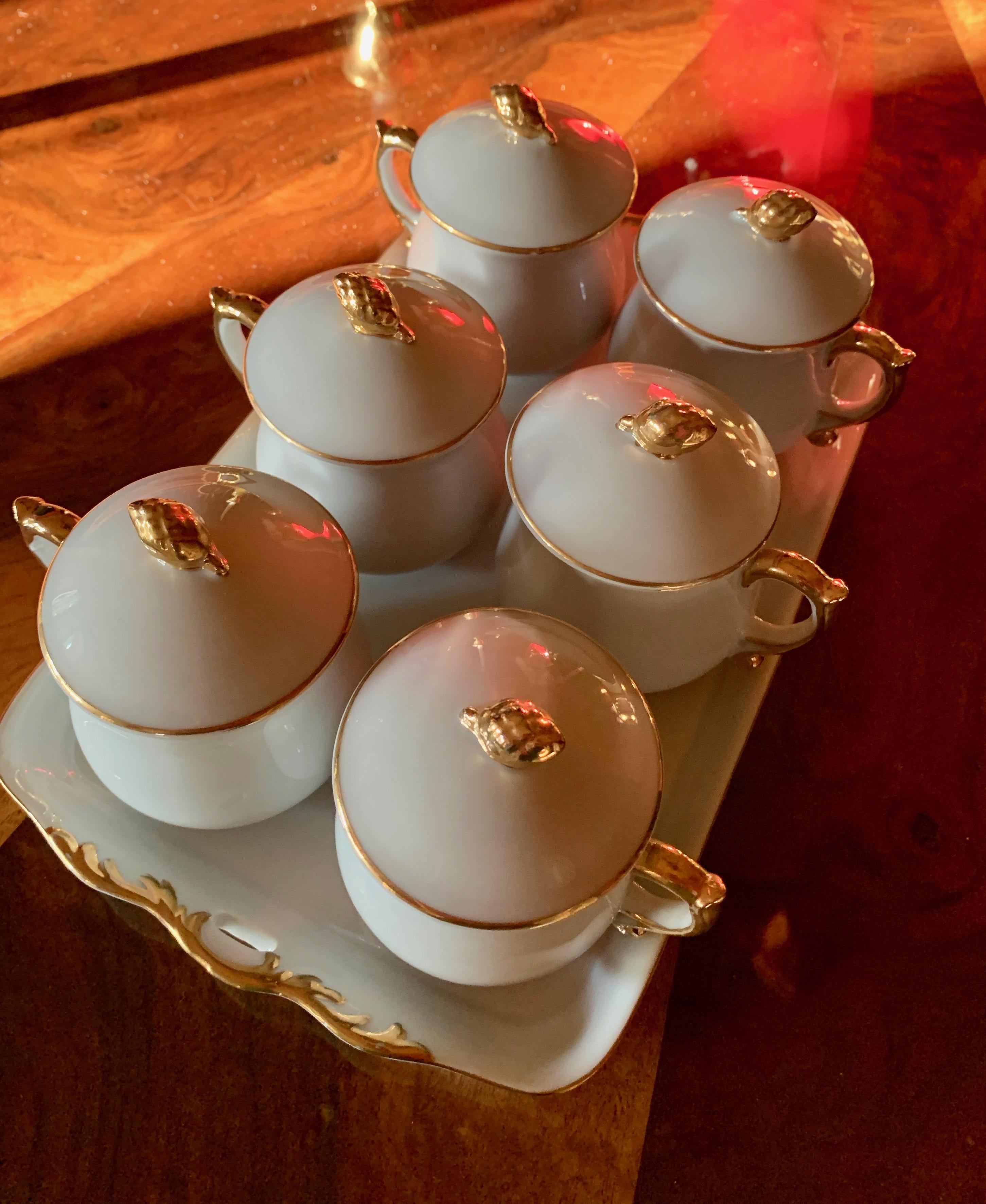 Set of 6 French pot de creme porcelain containers with hand painted gold acorn handle, a lovely set of containers for the sophisticated dessert! See our recipe attached.
Be the hit of your dinner party serving your after dinner liqueur with our