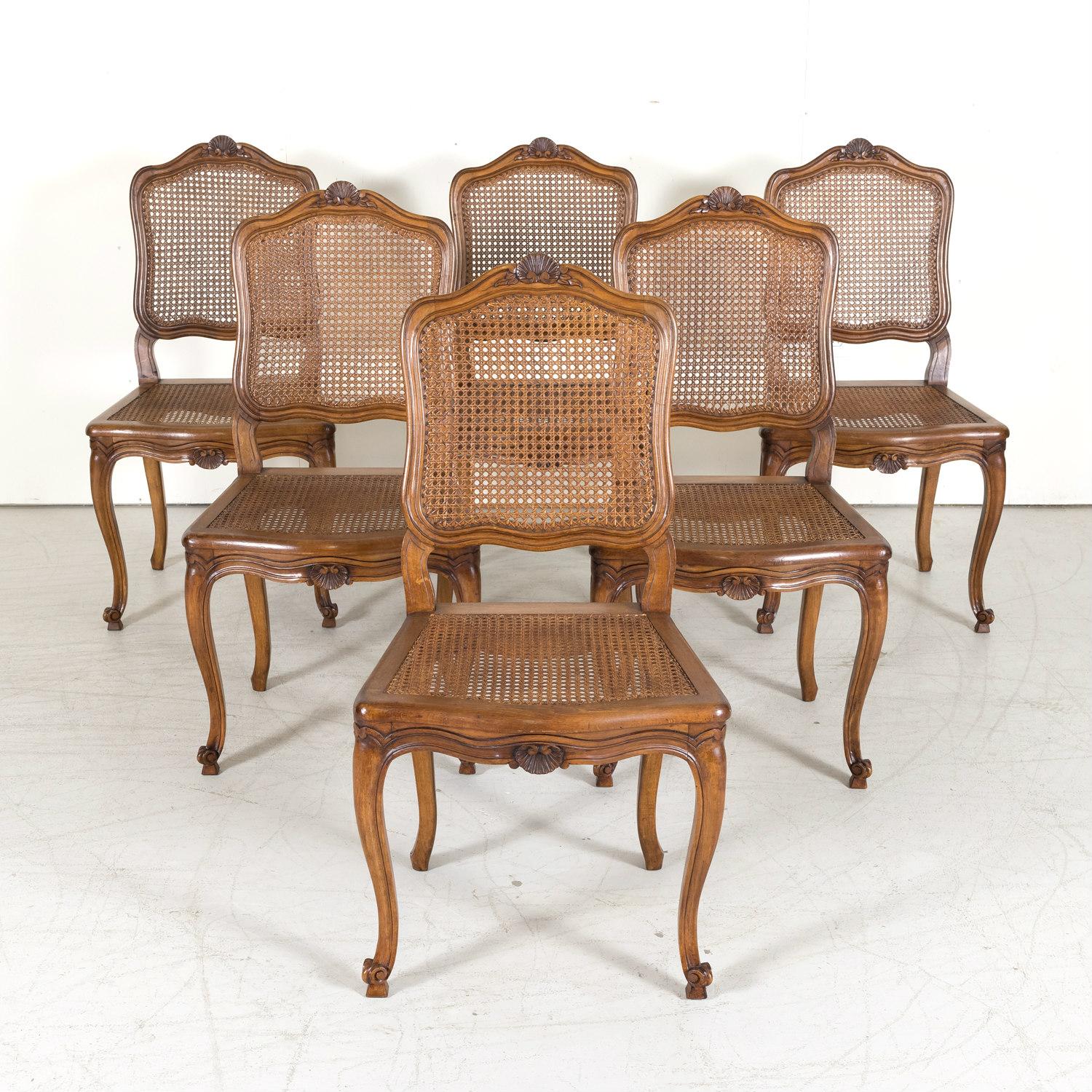 Caning Set of 6 French Provencal Louis XV Style Cane Dining Side Chairs in Walnut
