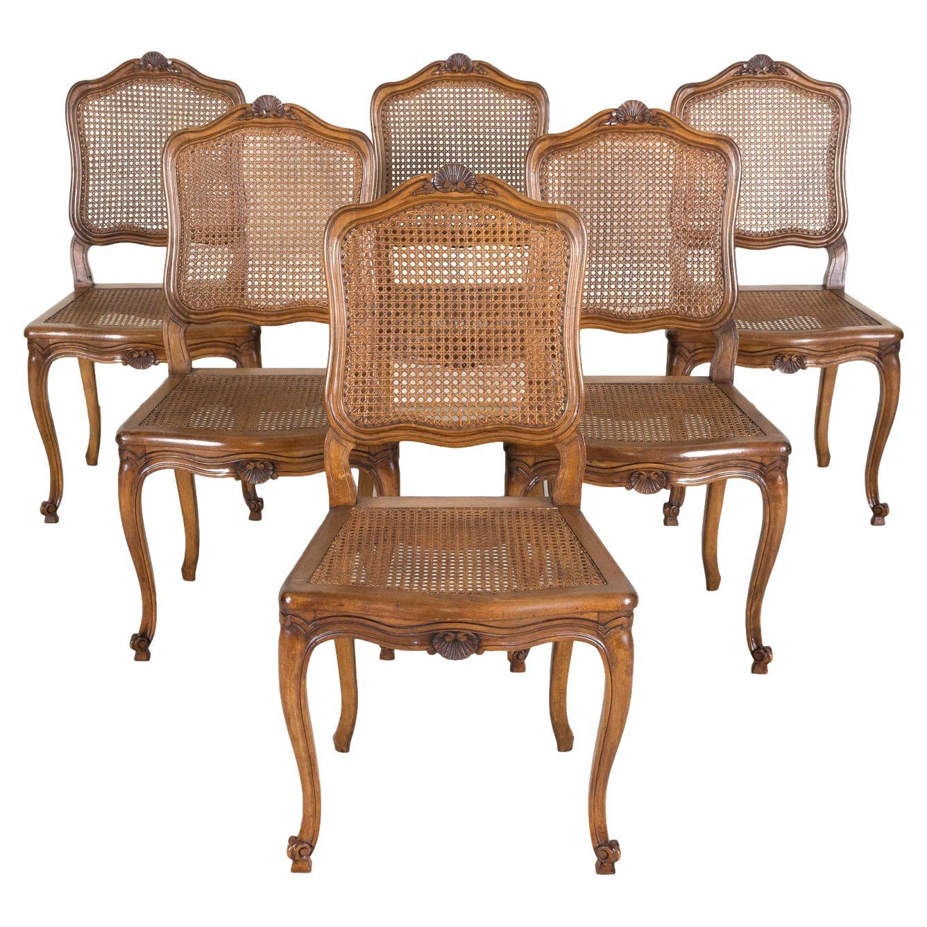 Set of 6 French Provencal Louis XV Style Cane Dining Side Chairs in Walnut
