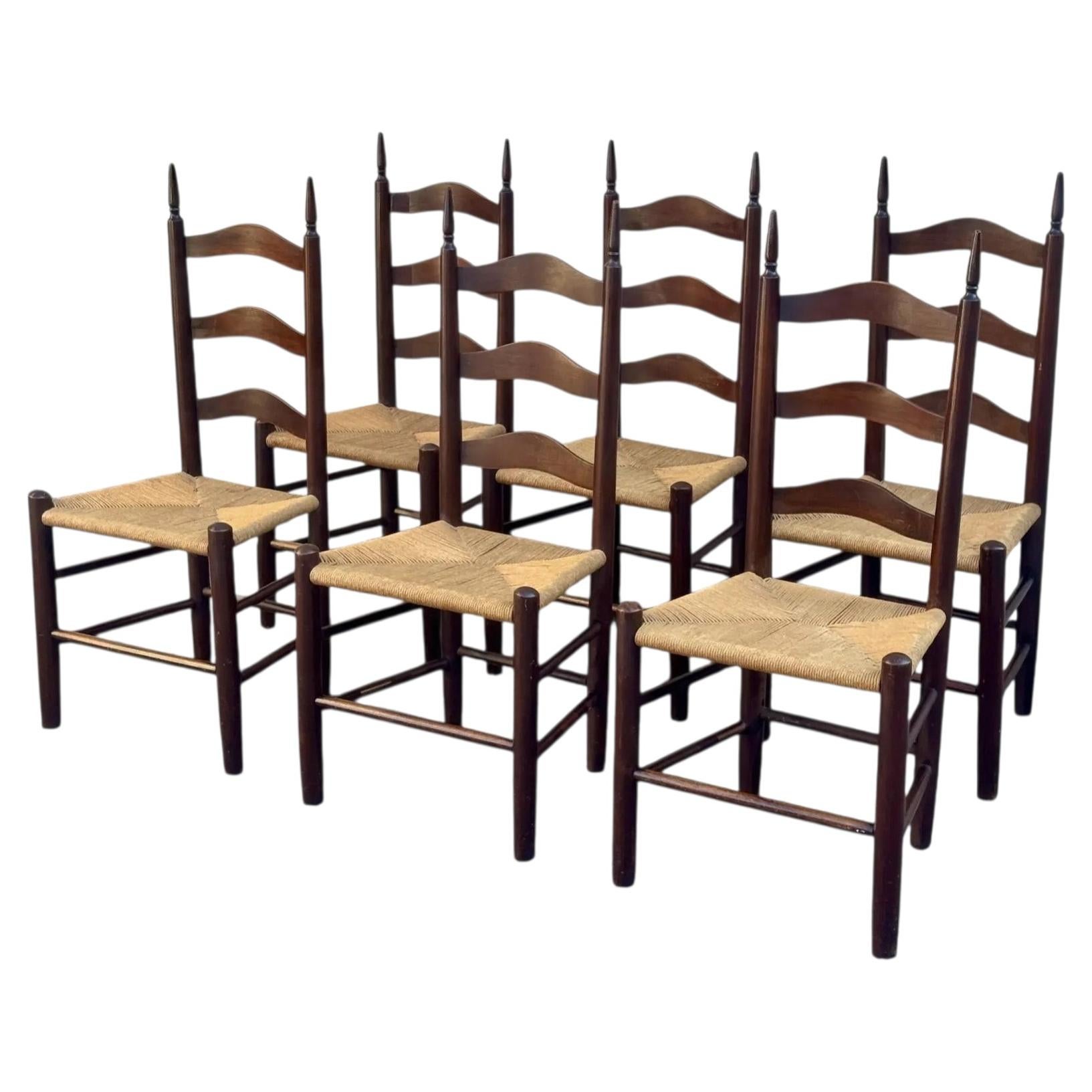 Set of 6 French Provincial Ladderback Dining Chairs With Rush Seats