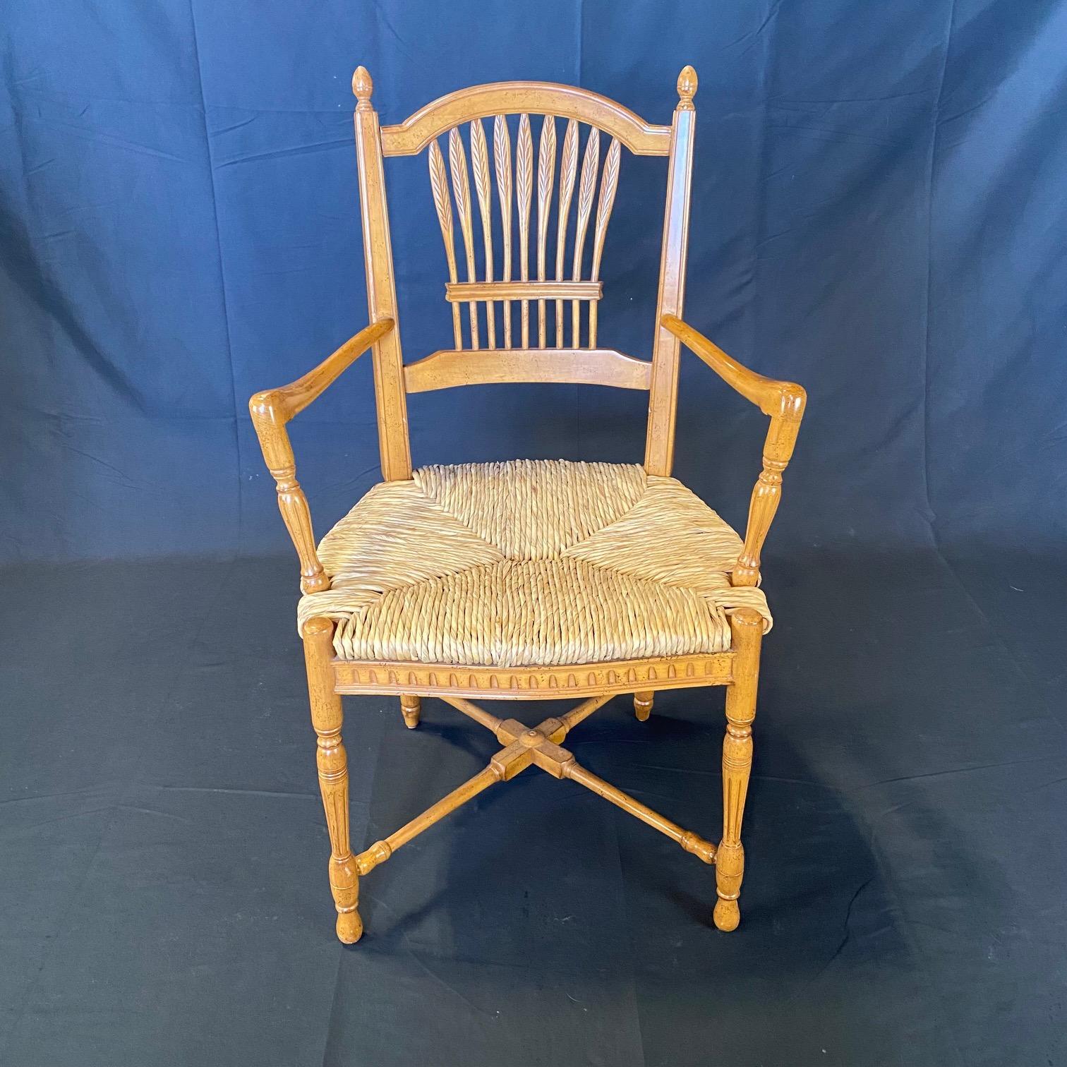 Set of 6 French Provincial Rush Seat Wheat Sheaf Style Arm Dining Chairs 5