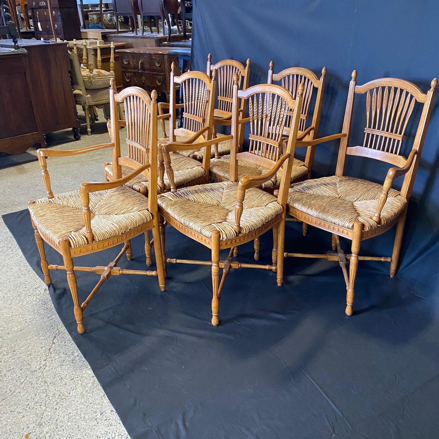 Set of 6 French Provincial Rush Seat Wheat Sheaf Style Arm Dining Chairs 7