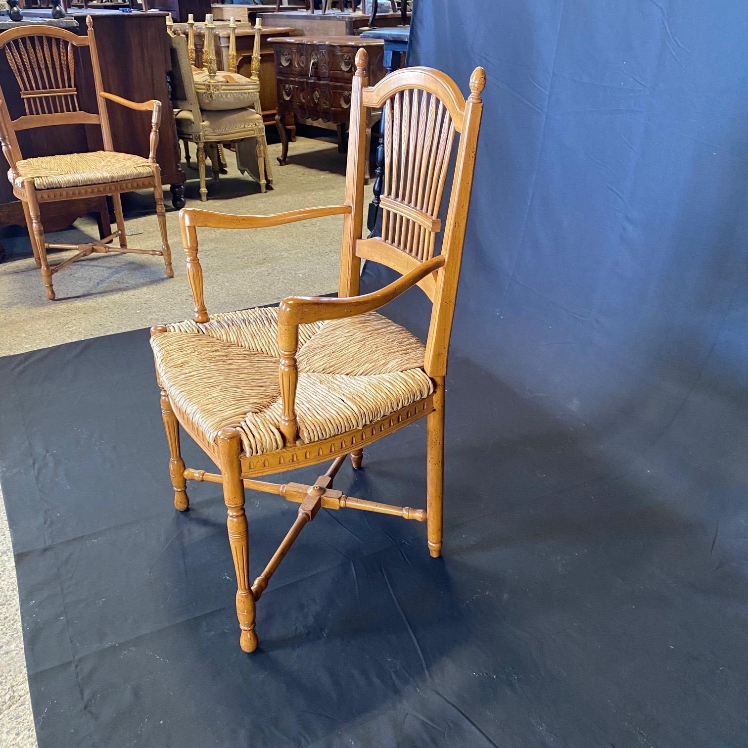 Set of 6 French Provincial Rush Seat Wheat Sheaf Style Arm Dining Chairs 8