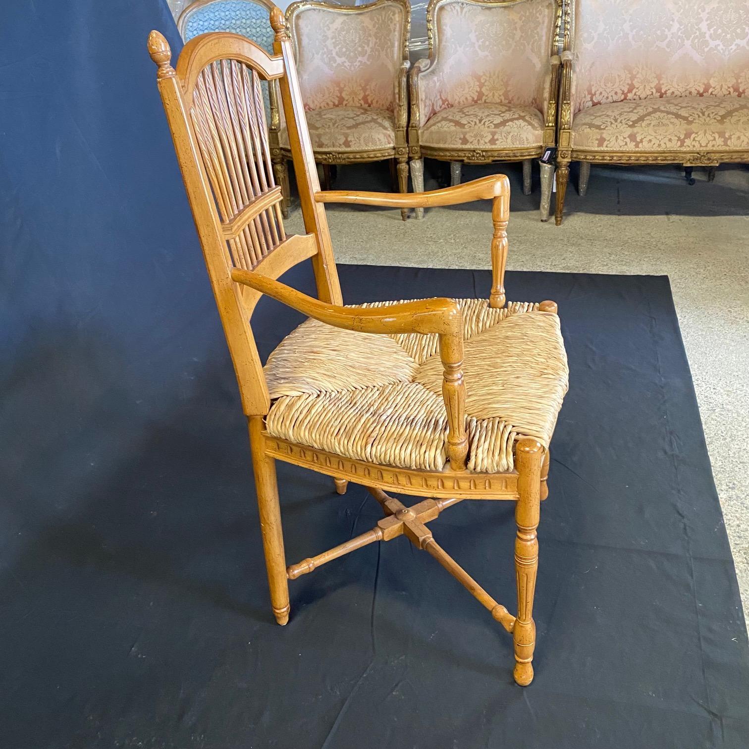 Spanish Set of 6 French Provincial Rush Seat Wheat Sheaf Style Arm Dining Chairs