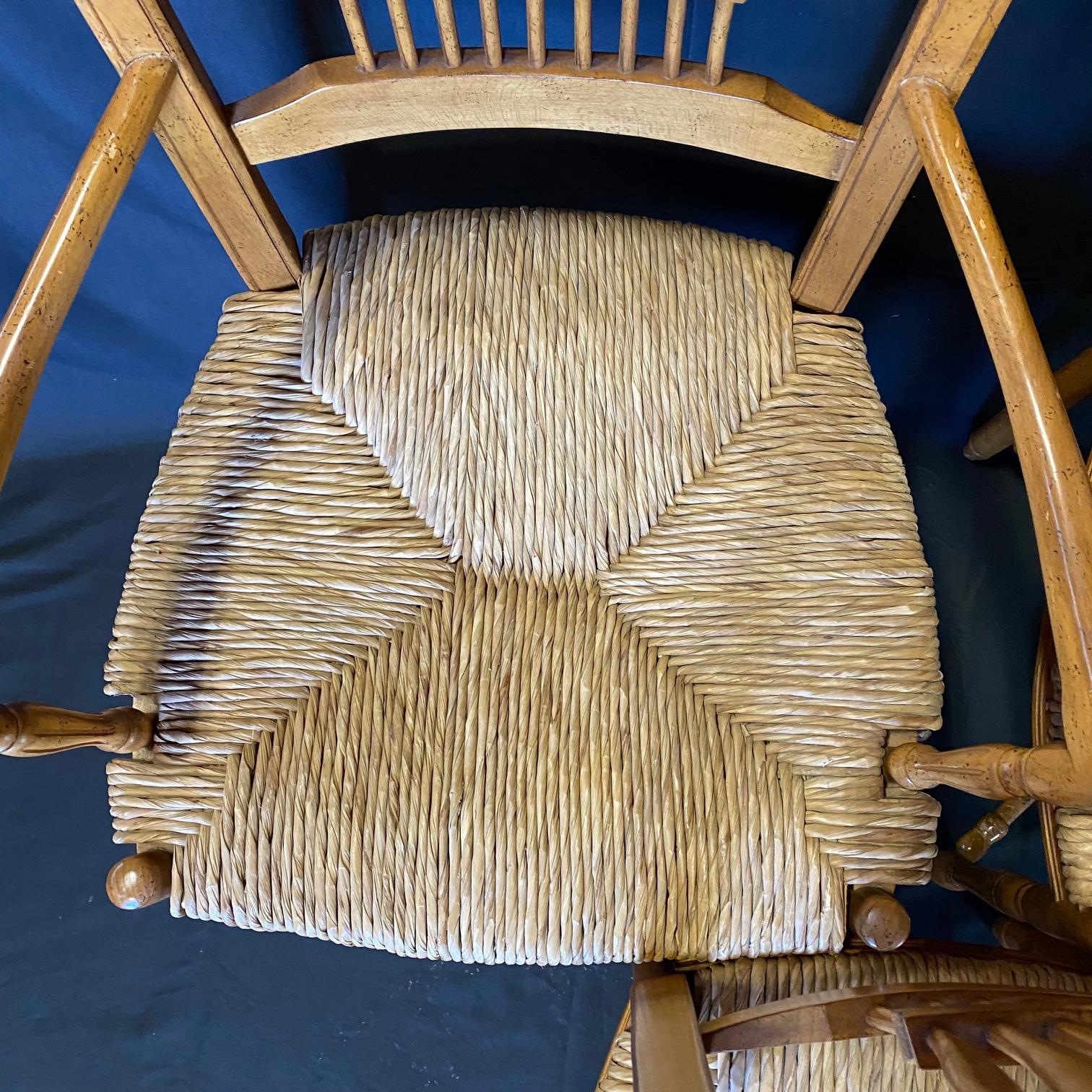Set of 6 French Provincial Rush Seat Wheat Sheaf Style Arm Dining Chairs In Good Condition In Hopewell, NJ