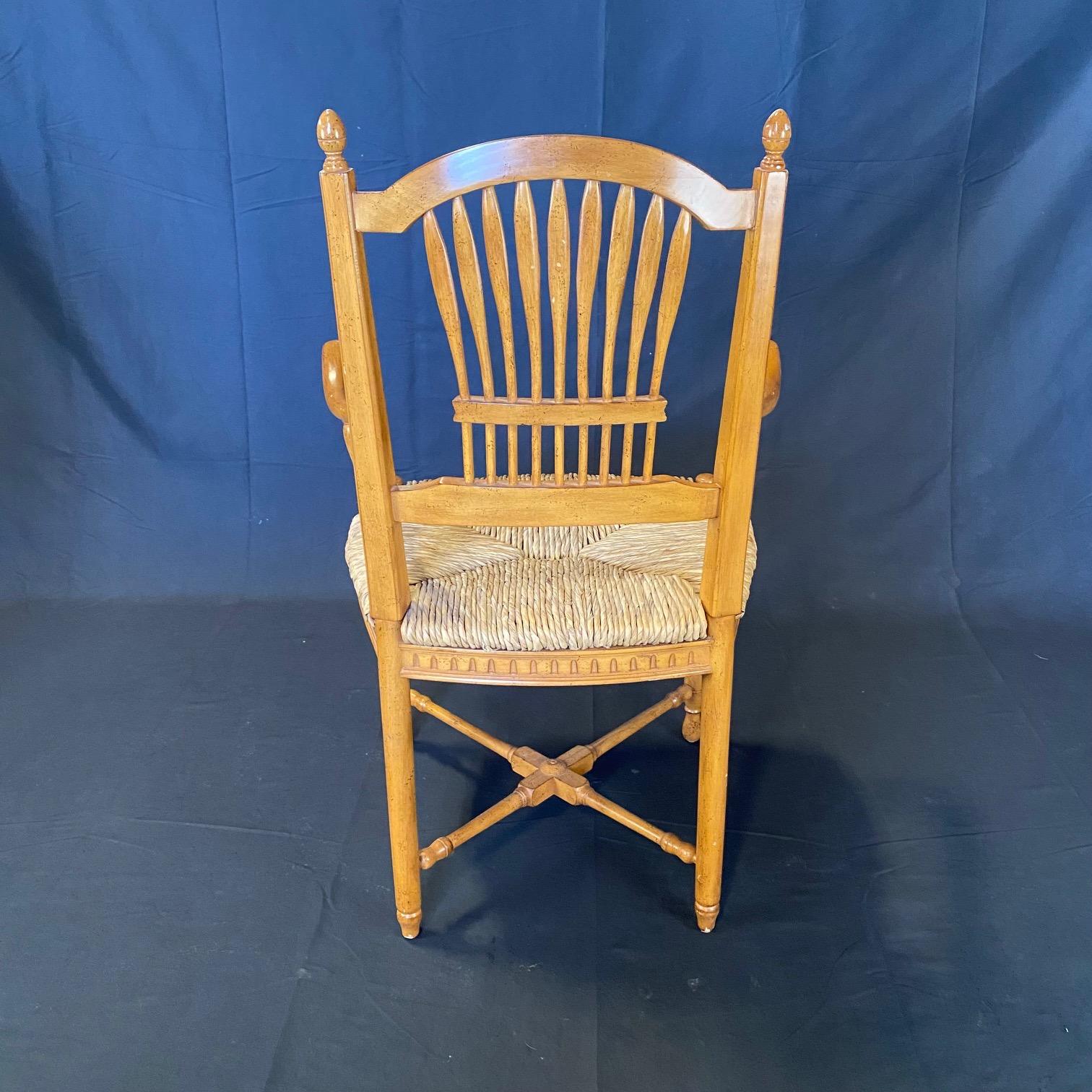 19th Century Set of 6 French Provincial Rush Seat Wheat Sheaf Style Arm Dining Chairs