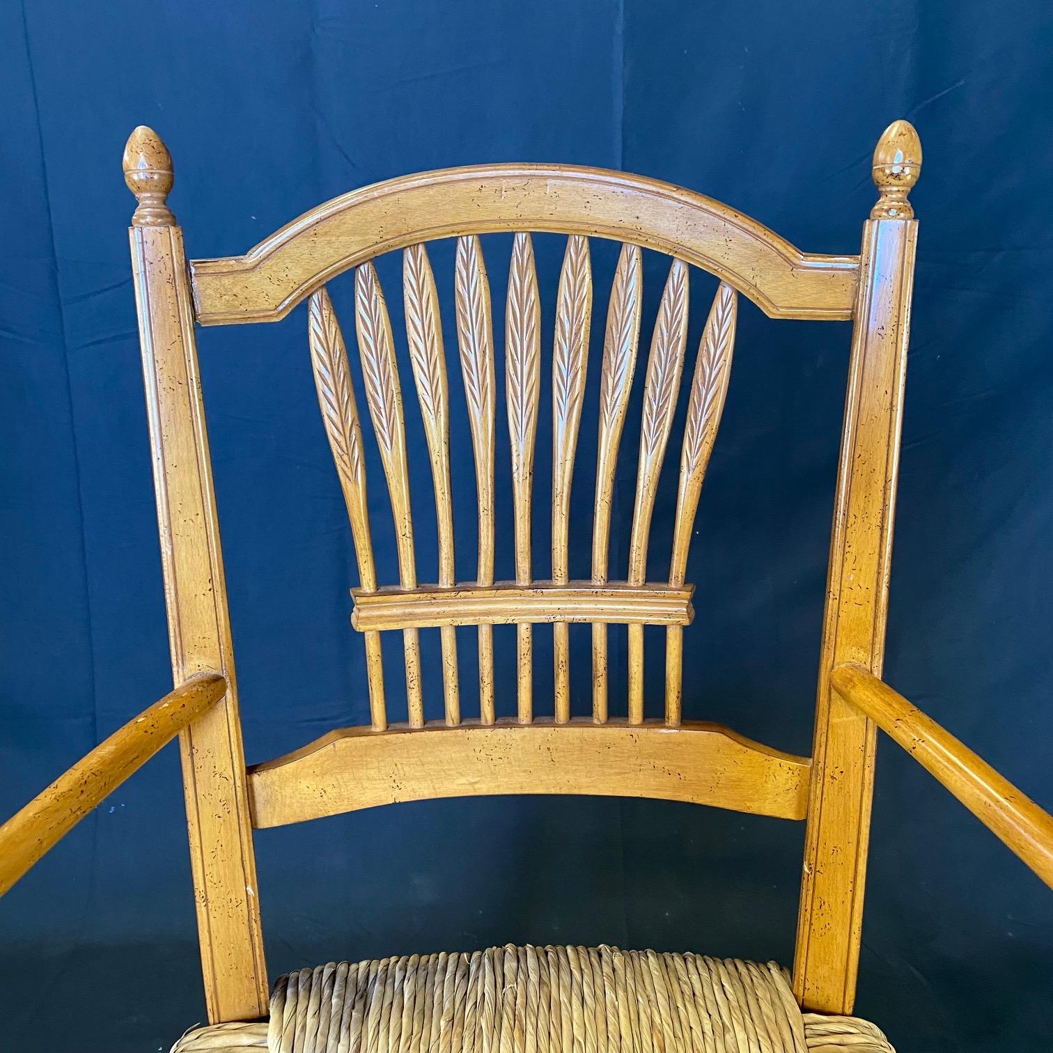 Set of 6 French Provincial Rush Seat Wheat Sheaf Style Arm Dining Chairs 1