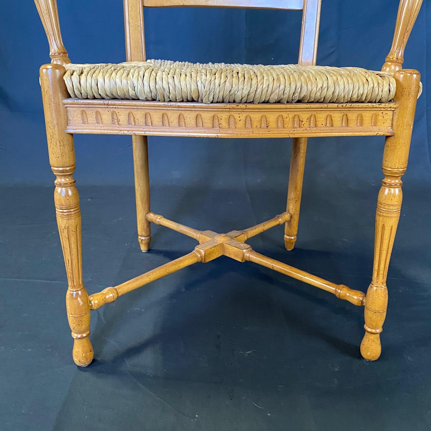 Set of 6 French Provincial Rush Seat Wheat Sheaf Style Arm Dining Chairs 4