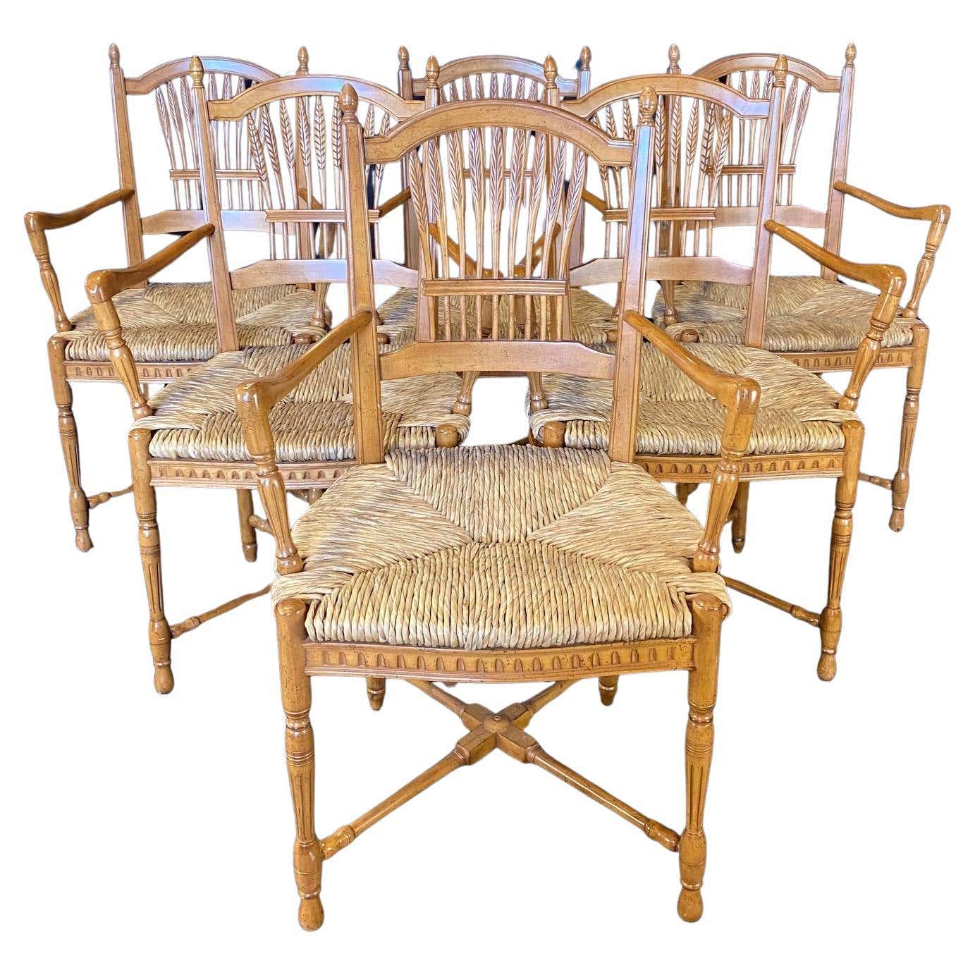 Set of 6 French Provincial Rush Seat Wheat Sheaf Style Arm Dining ...
