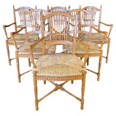 Antique Set of 6 French Provincial Rush Seat Wheat Sheaf Style Arm Dining Chairs