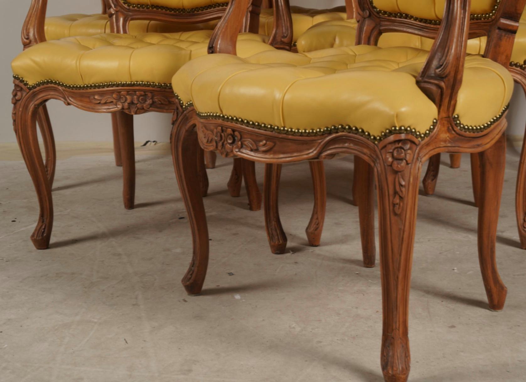 Set of 6 French Provincial Style Tufted Yellow Leather Arm Chair Fauteuils In Good Condition For Sale In LOS ANGELES, CA