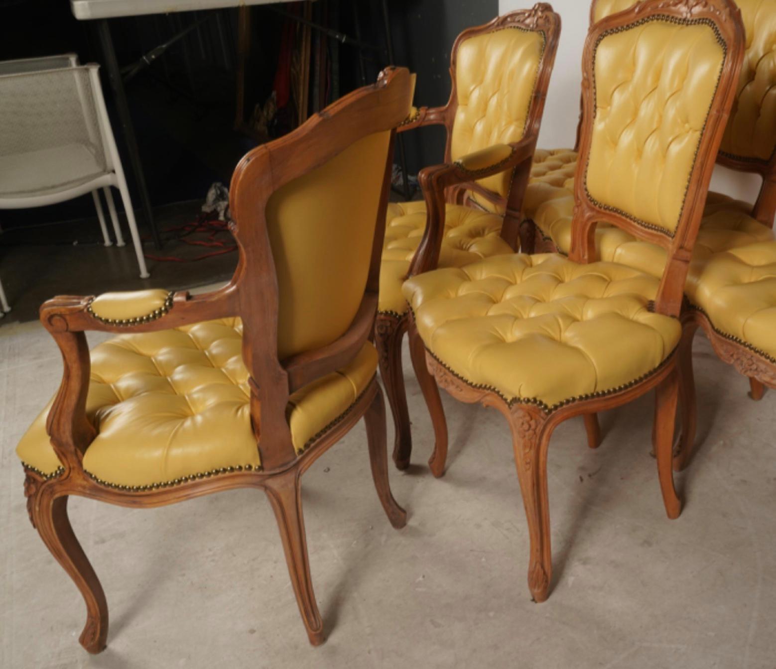 20th Century Set of 6 French Provincial Style Tufted Yellow Leather Arm Chair Fauteuils For Sale