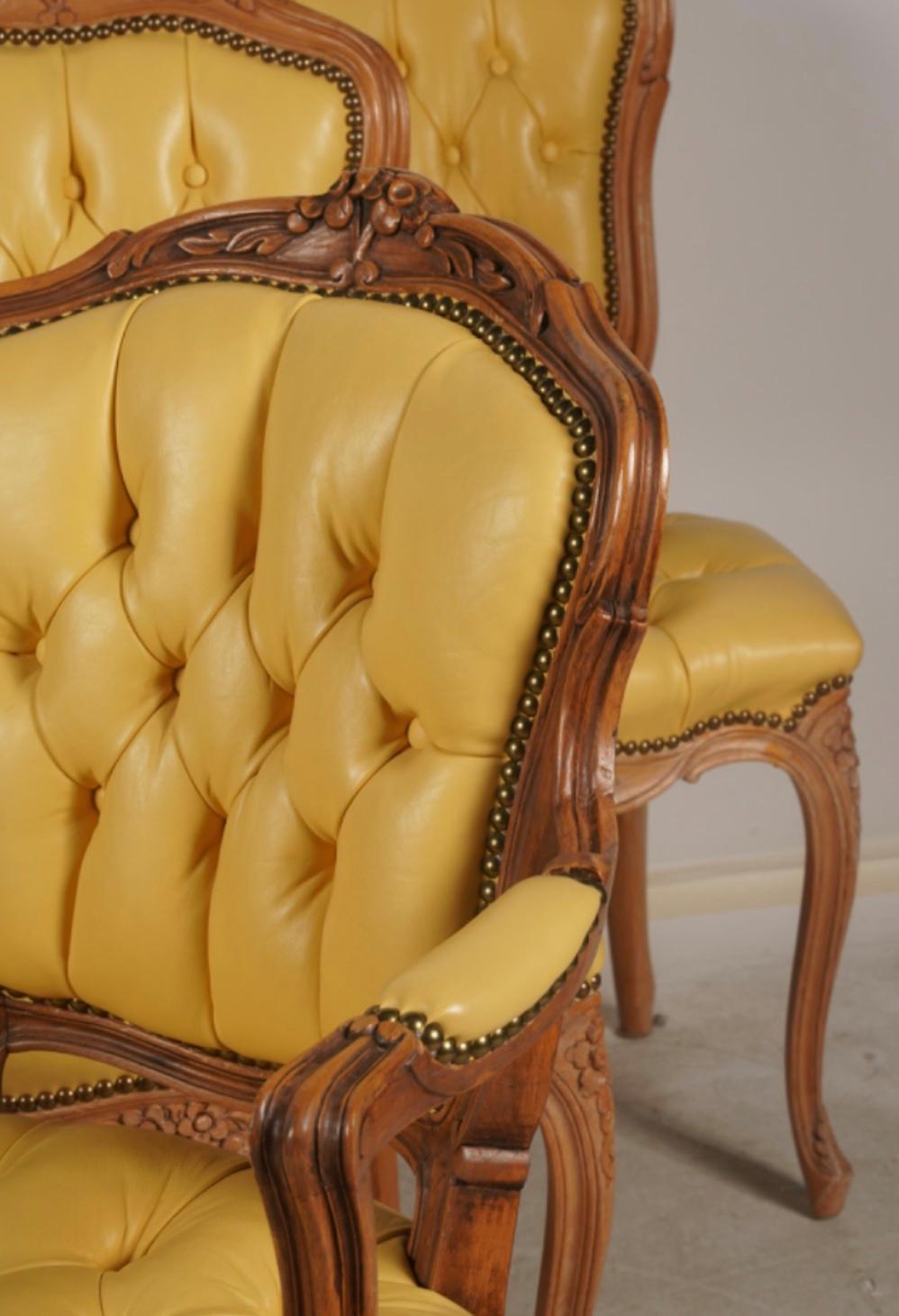 Wood Set of 6 French Provincial Style Tufted Yellow Leather Arm Chair Fauteuils For Sale