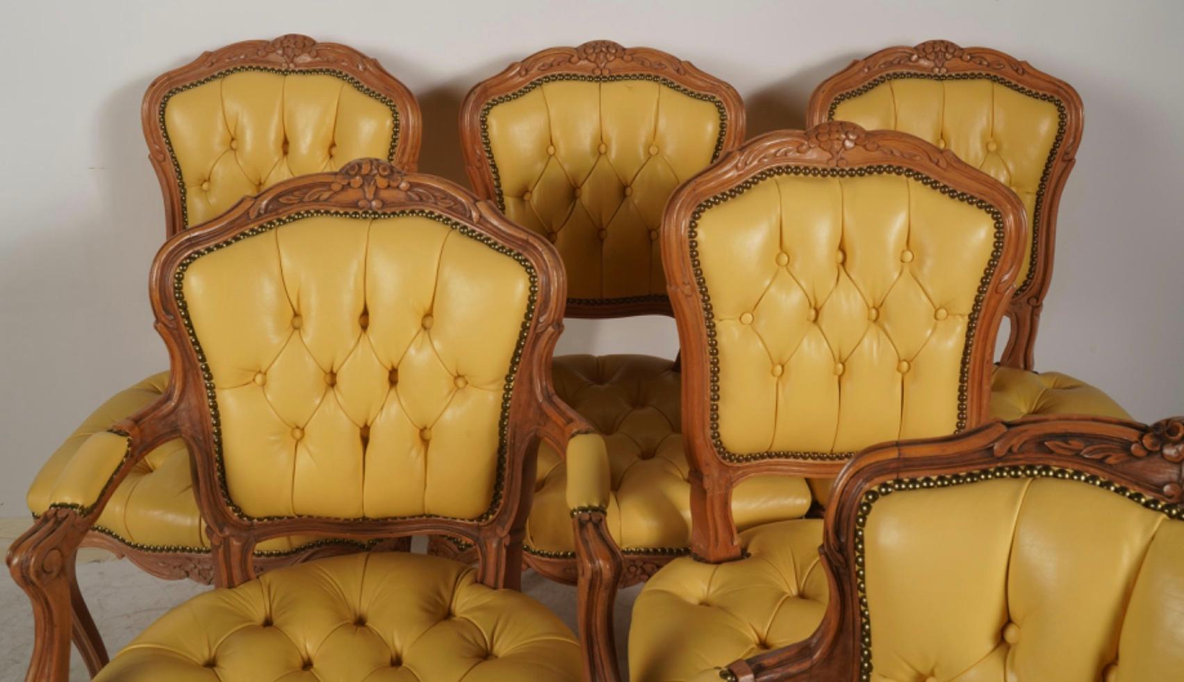 Set of 6 French Provincial Style Tufted Yellow Leather Arm Chair Fauteuils For Sale 1
