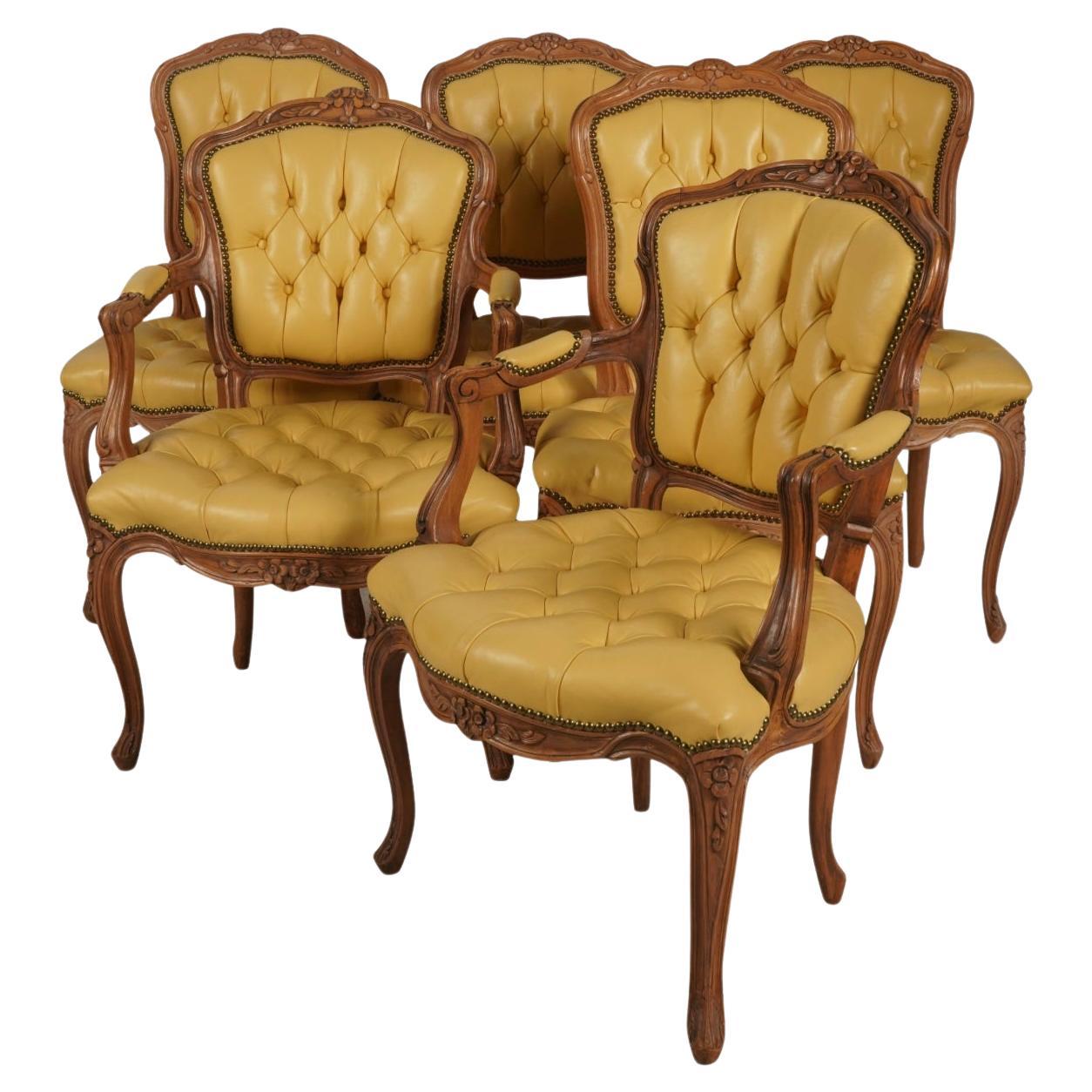 Set of 6 French Provincial Style Tufted Yellow Leather Arm Chair Fauteuils For Sale
