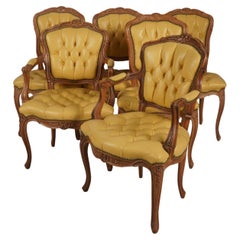 Vintage Set of 6 French Provincial Style Tufted Yellow Leather Arm Chair Fauteuils