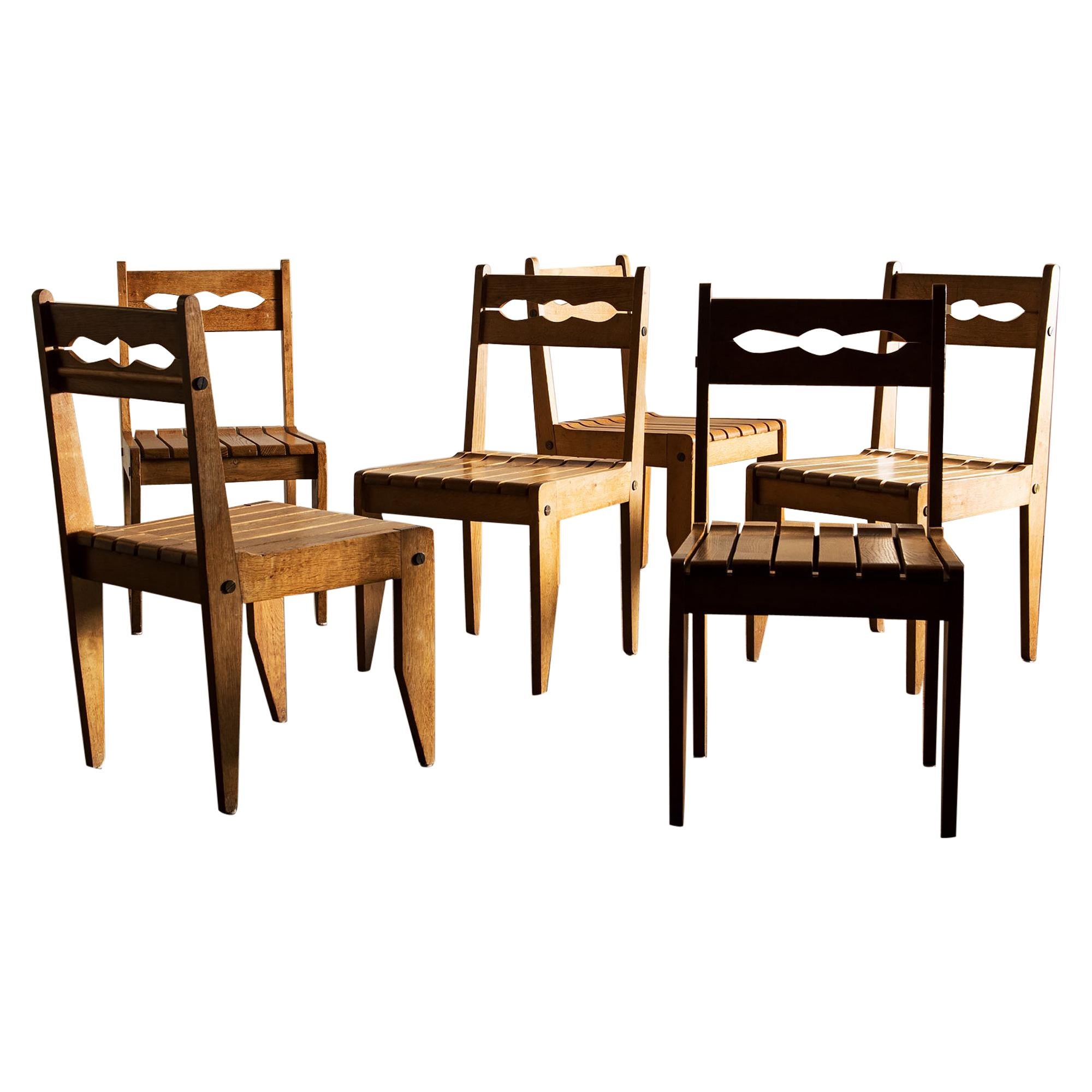 Set of 6 French Reconstructionist Oak Dining Chairs, France, 1960s