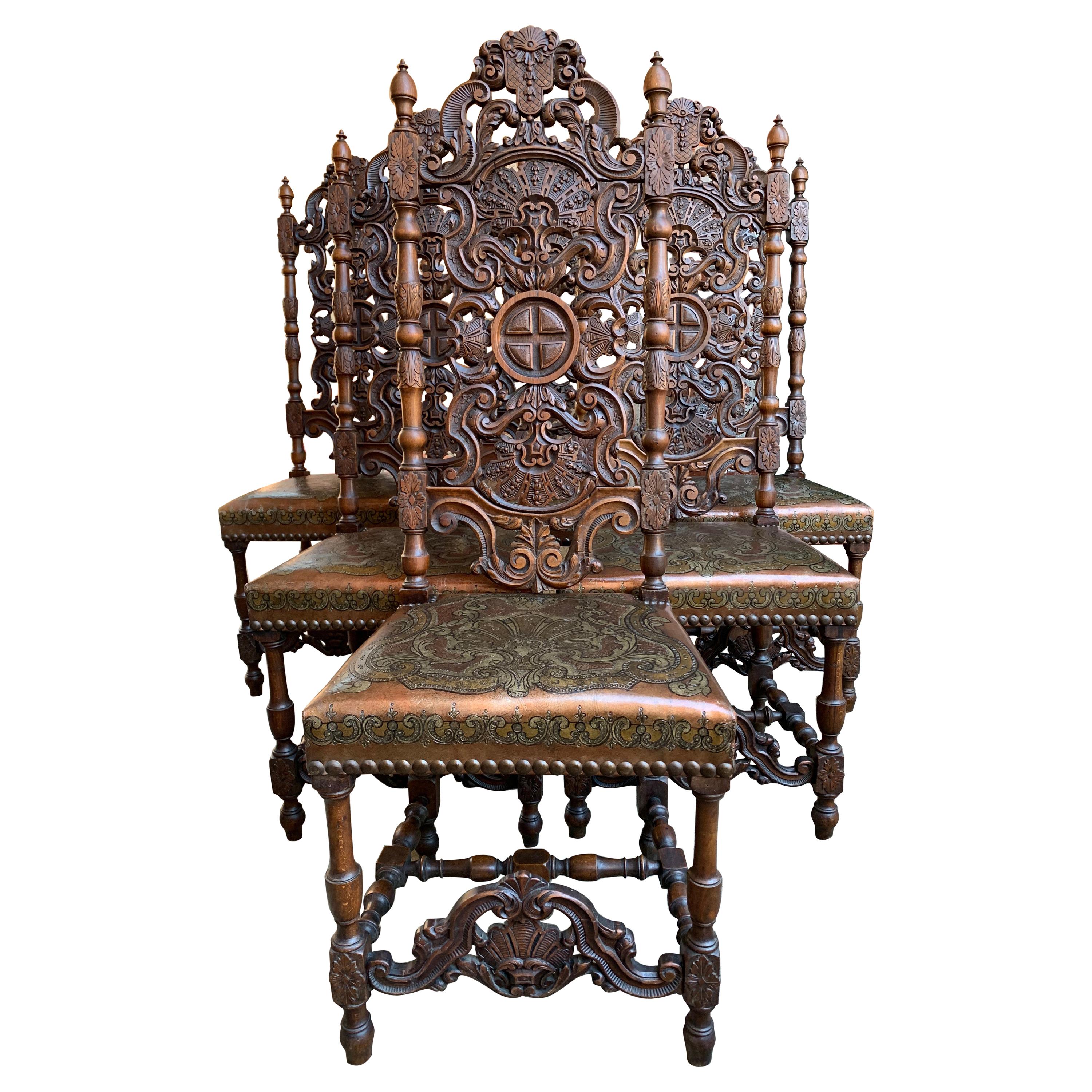 Set of 6 French Renaissance Carved Oak Dining Chair Embossed Leather Tall