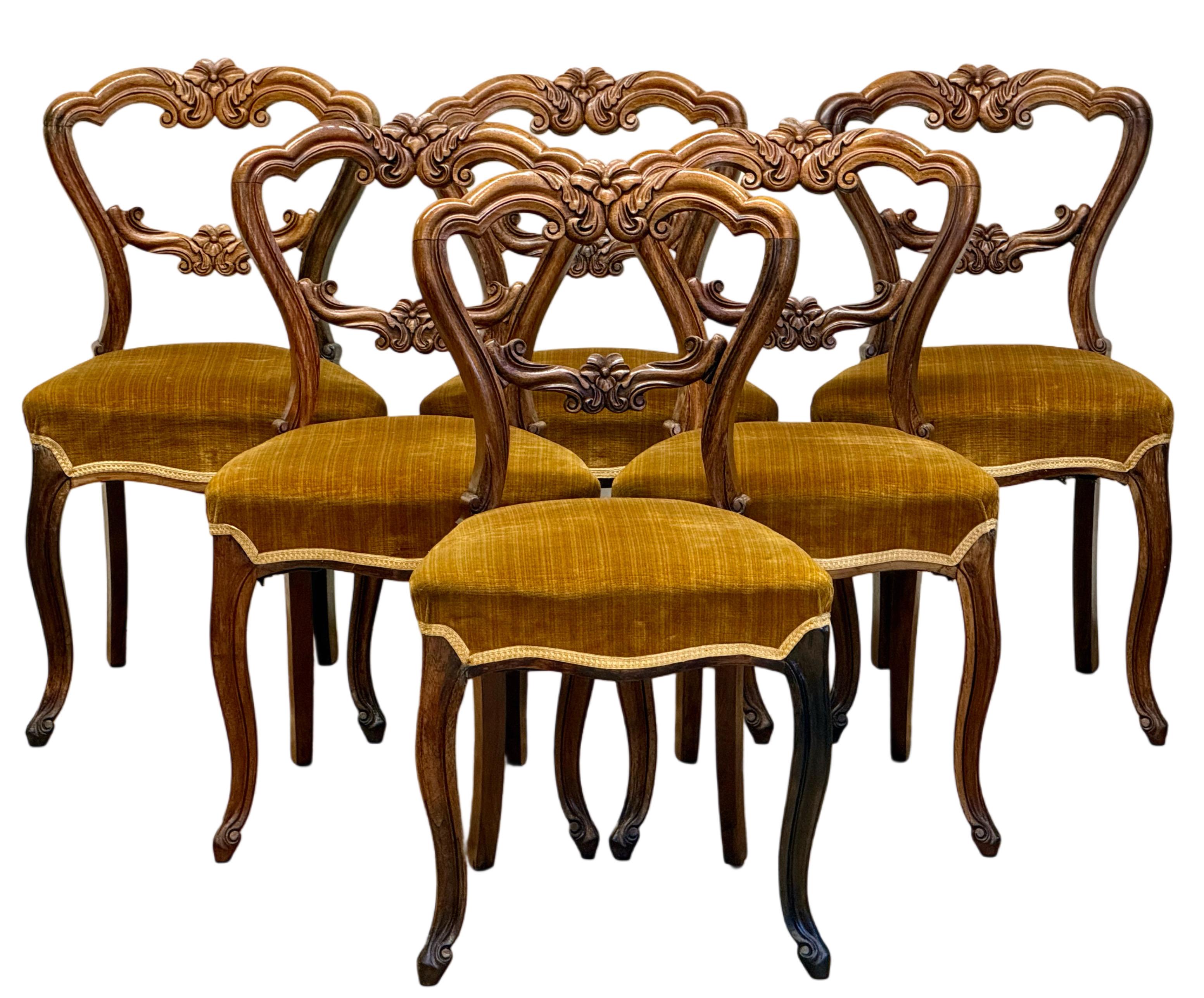 Rococo Revival Set of 6 French Rosewood Antique Balloon-Back Side Chairs with Cabriole Legs For Sale