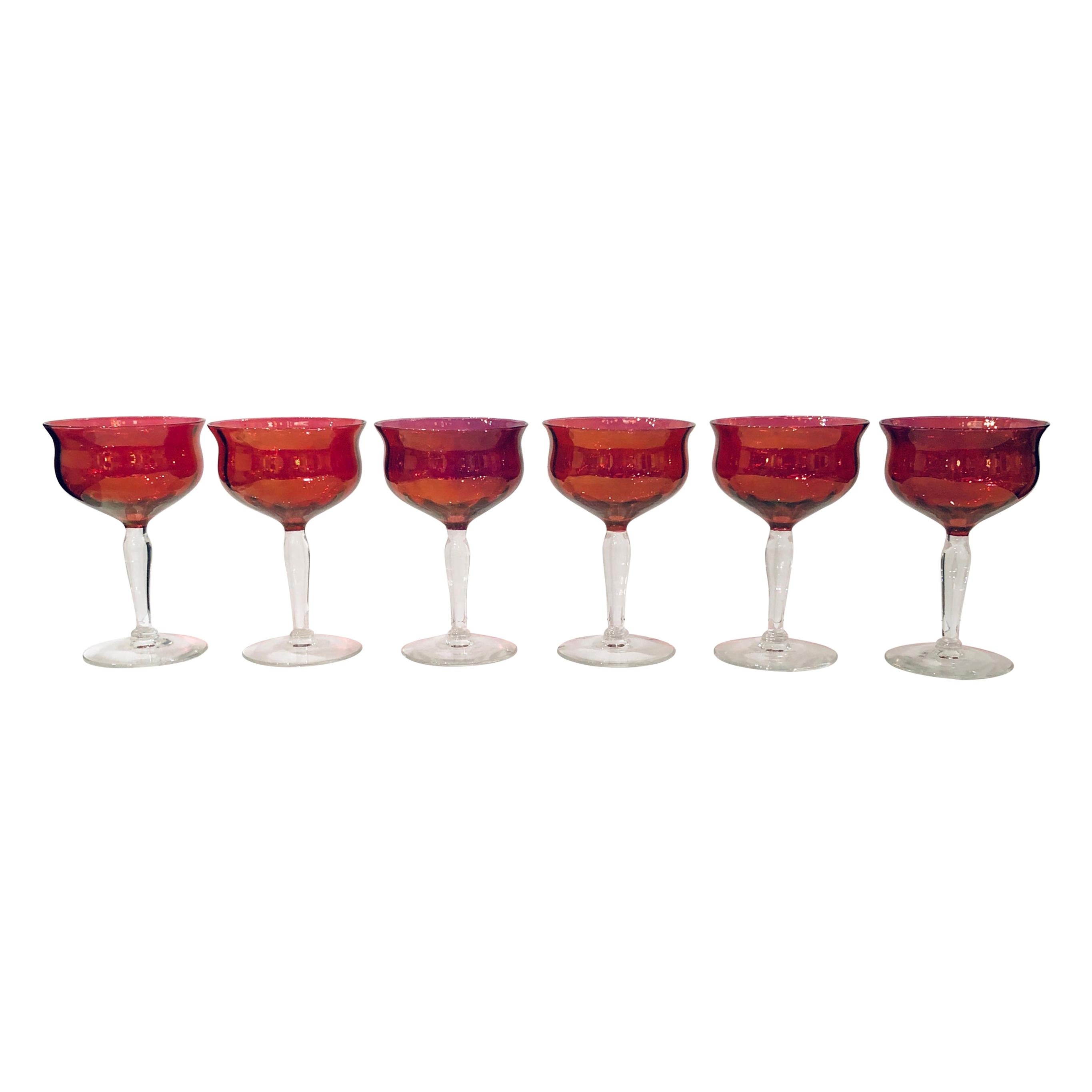 Set of 6 French Ruby Red Crystal with Clear Stem Champagne Coupe Glasses
