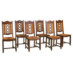 Set of 6 French Rush + Oak Dining Chairs, 1940s