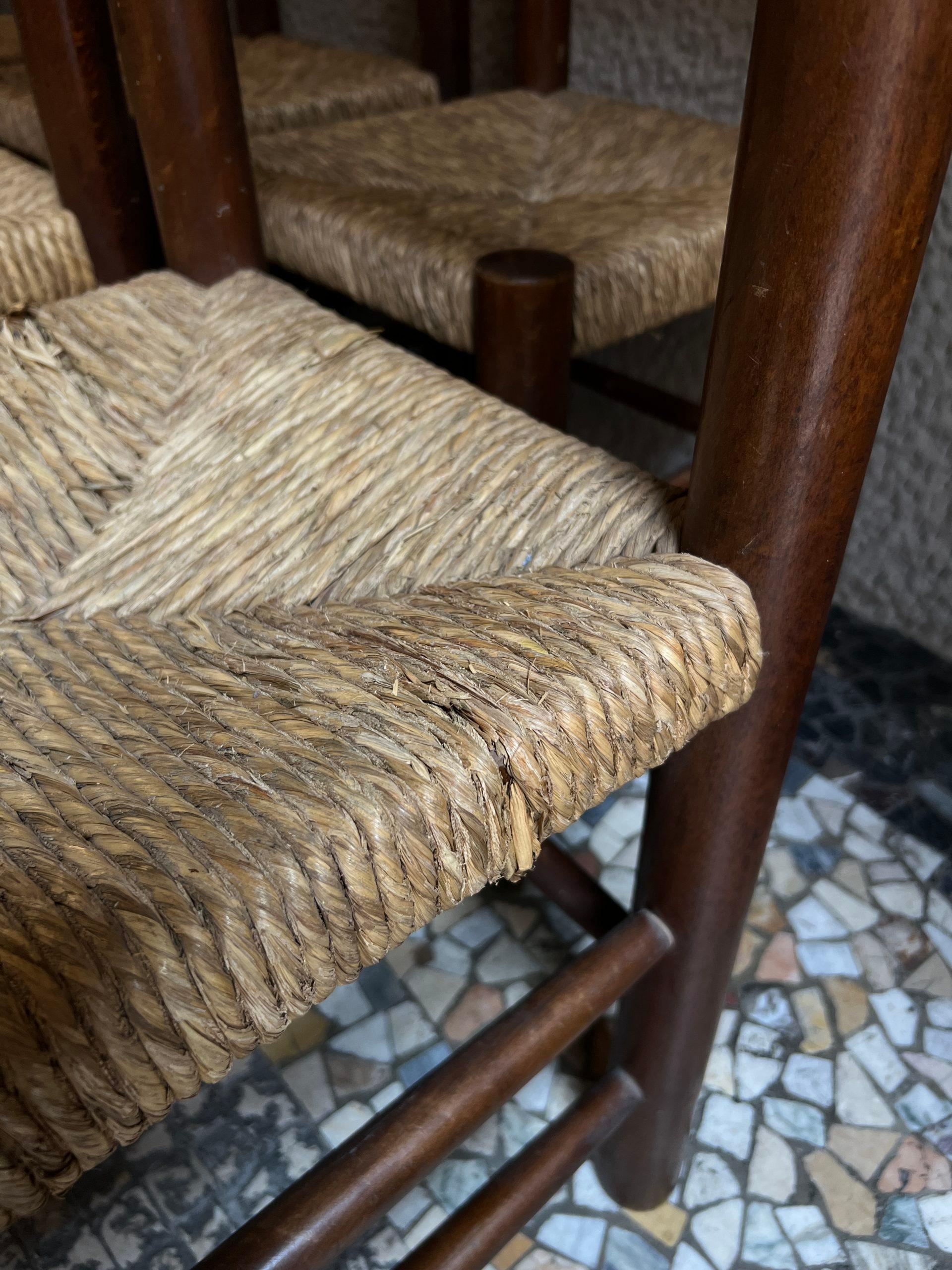 Mid-20th Century Set of 6 French Rustic Chairs / Charlotte Perriand Dordogne Variation For Sale
