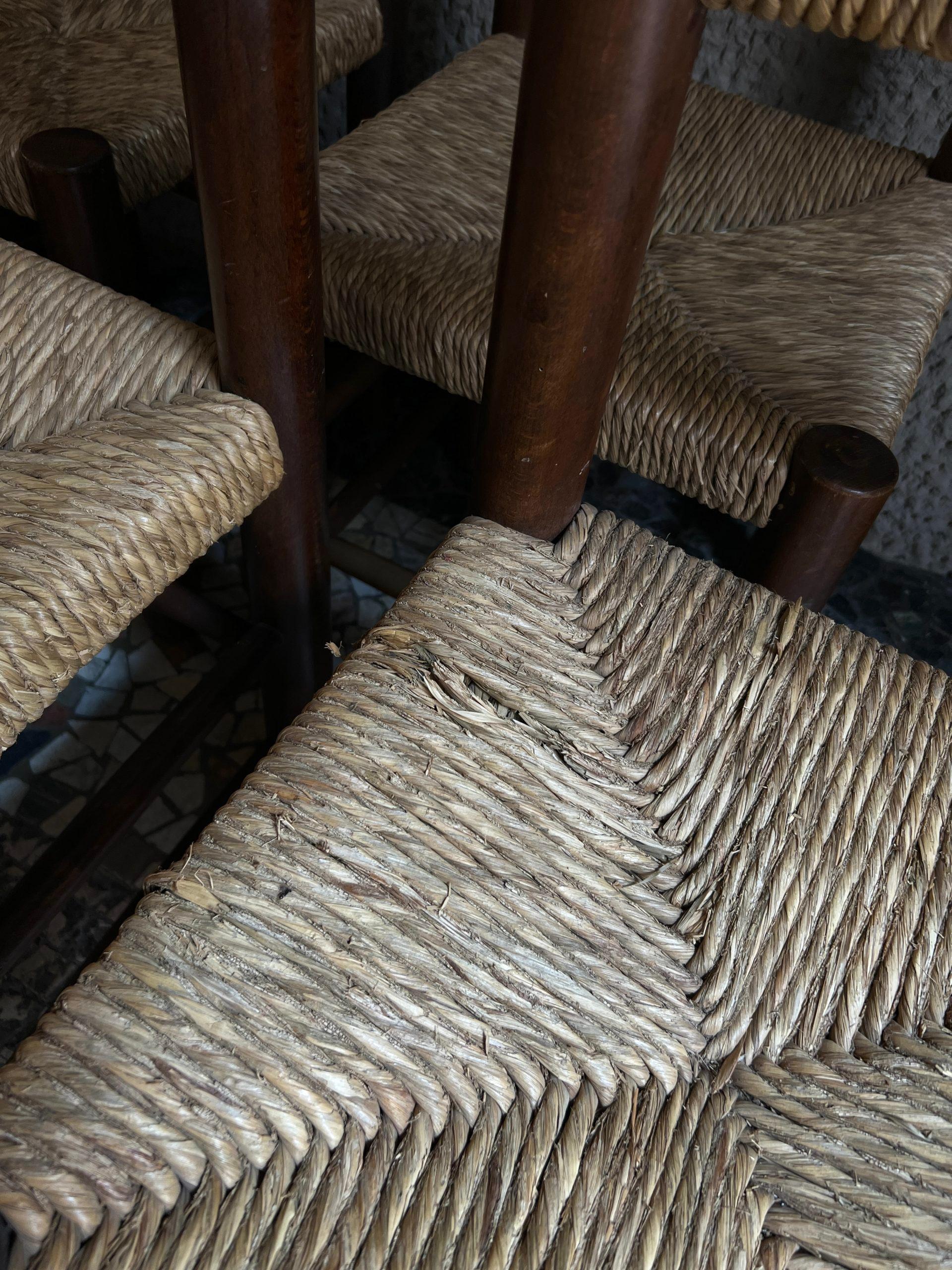 Grasscloth Set of 6 French Rustic Chairs / Charlotte Perriand Dordogne Variation For Sale