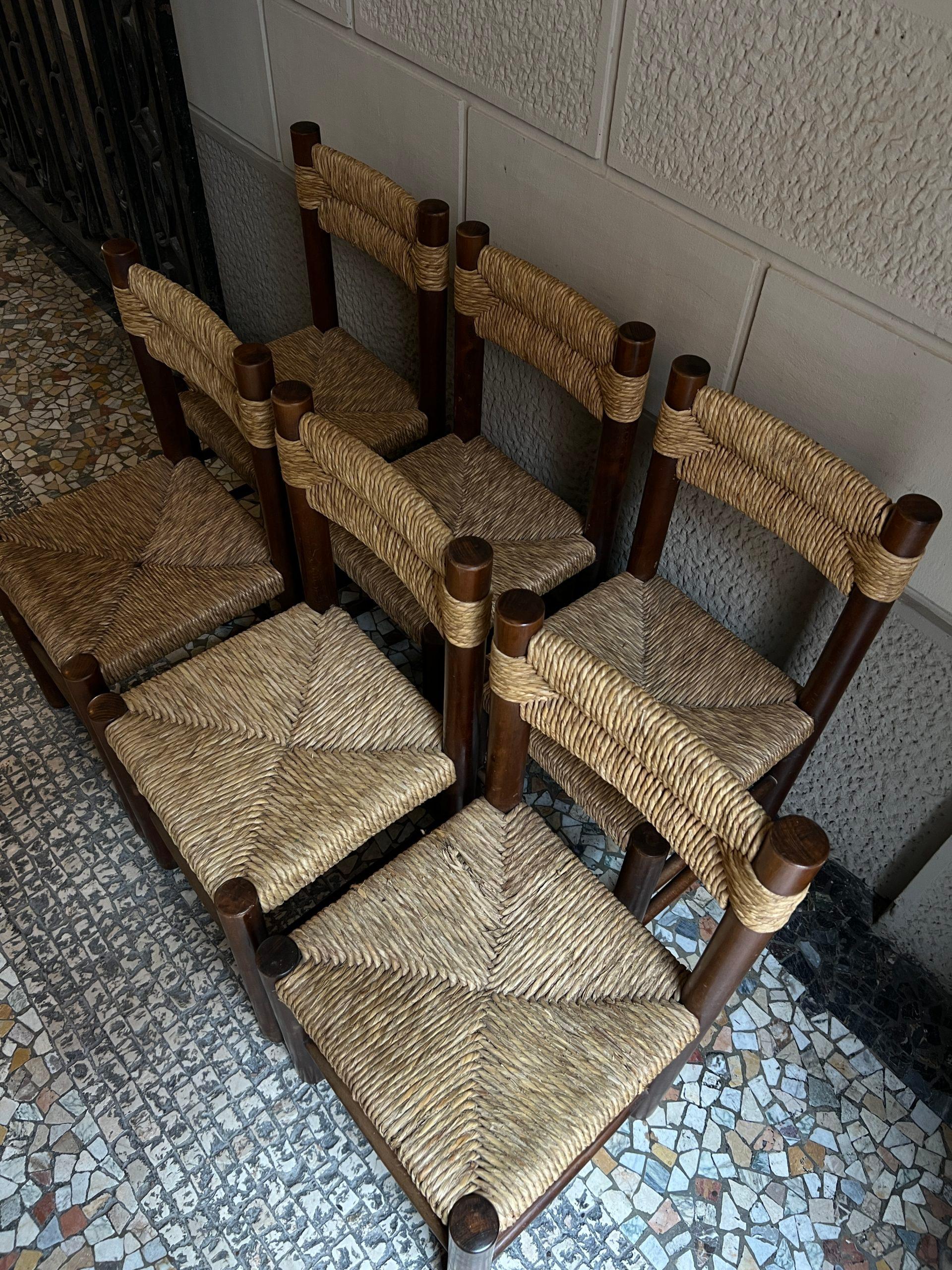 Set of 6 French Rustic Chairs / Charlotte Perriand Dordogne Variation For Sale 1