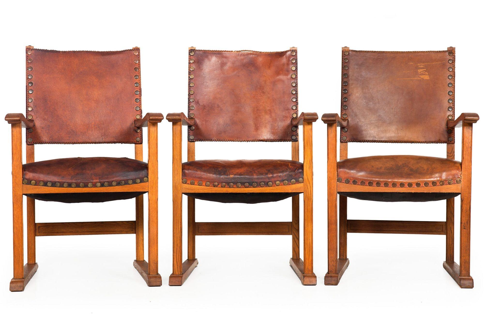 20th Century Set of 6 French Sculpted Oak and Studded Leather Dining Chairs For Sale