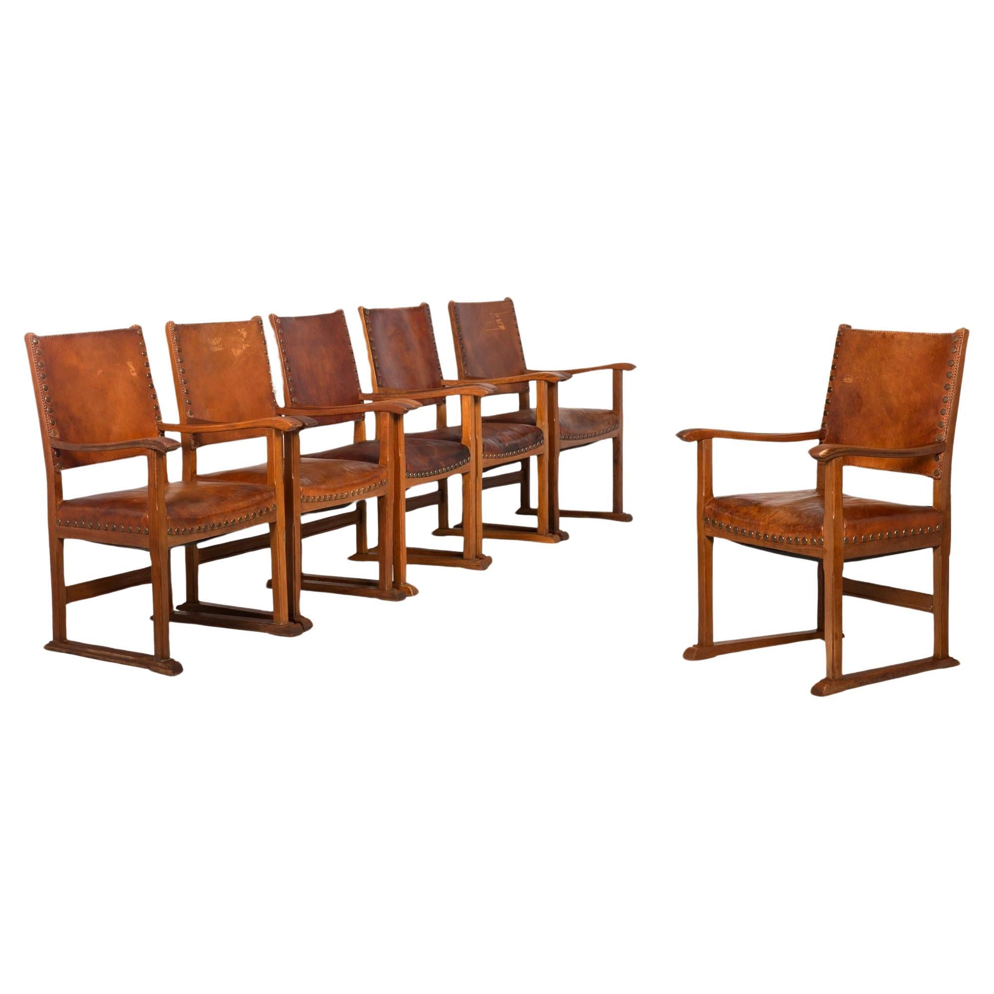 Set of 6 French Sculpted Oak and Studded Leather Dining Chairs For Sale