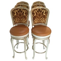 Vintage Set of 6 French-Style Painted Swivel Bar Stools