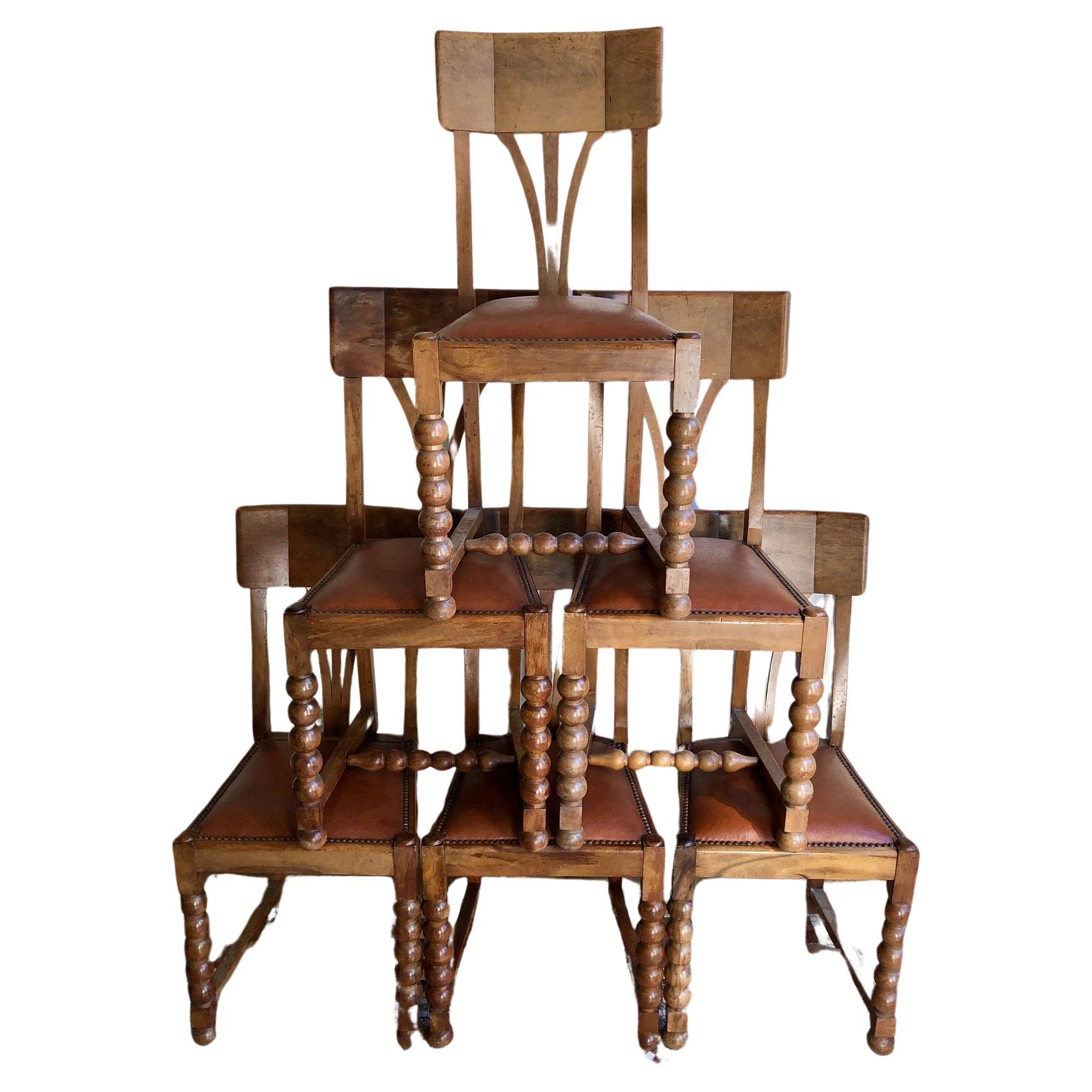 Conjunto de 6 sillas de madera Art Decó francesas vintage, mediados del siglo XX en venta