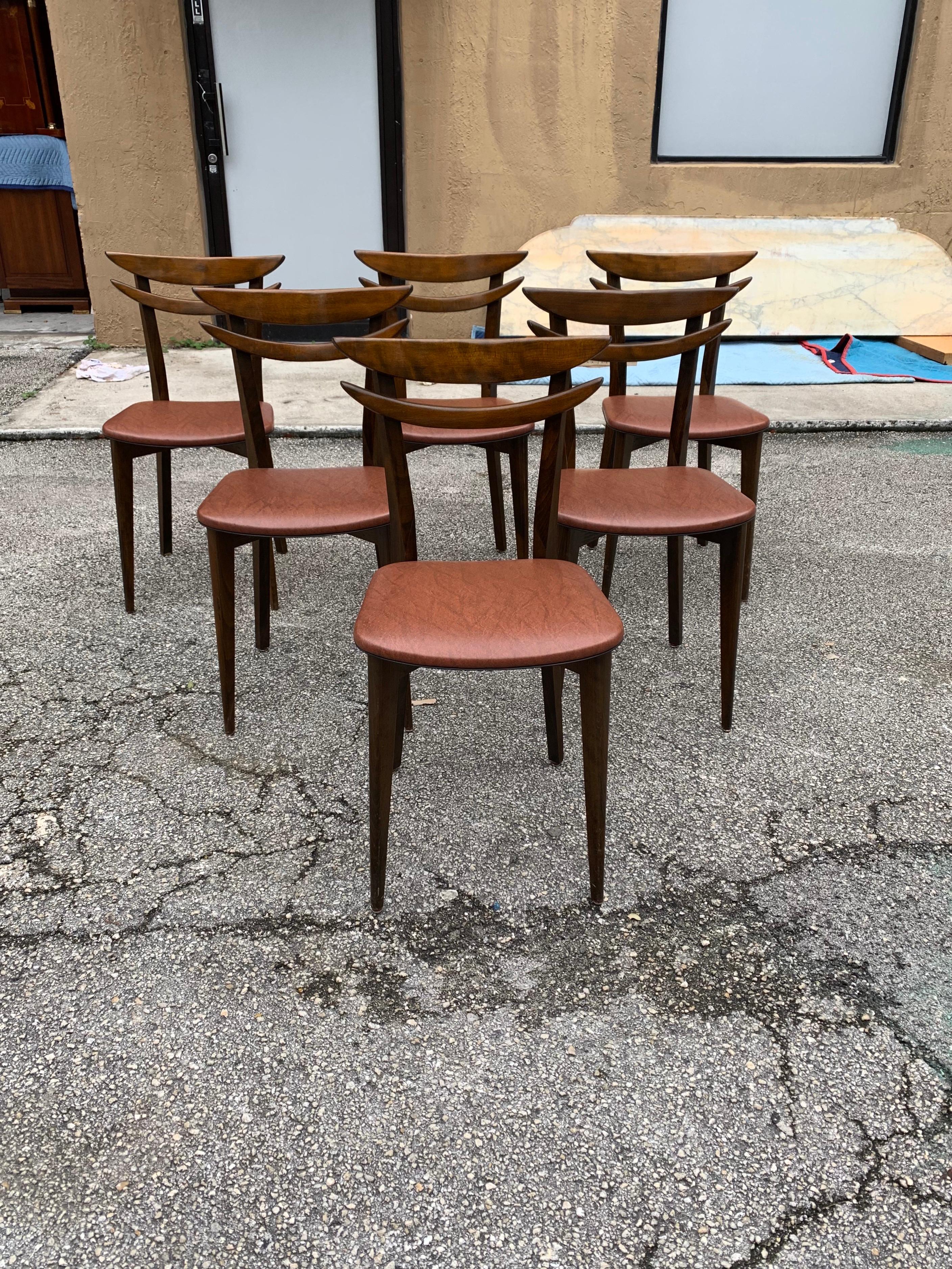 Mid-20th Century Set of 6 French Vintage Mid-Century Modern Solid Mahogany Dining Chairs, 1950s For Sale