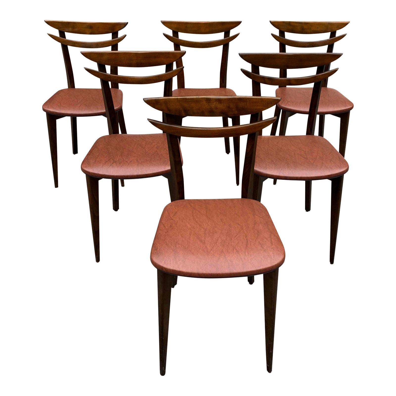 Set of 6 French Vintage Mid-Century Modern Solid Mahogany Dining Chairs, 1950s For Sale