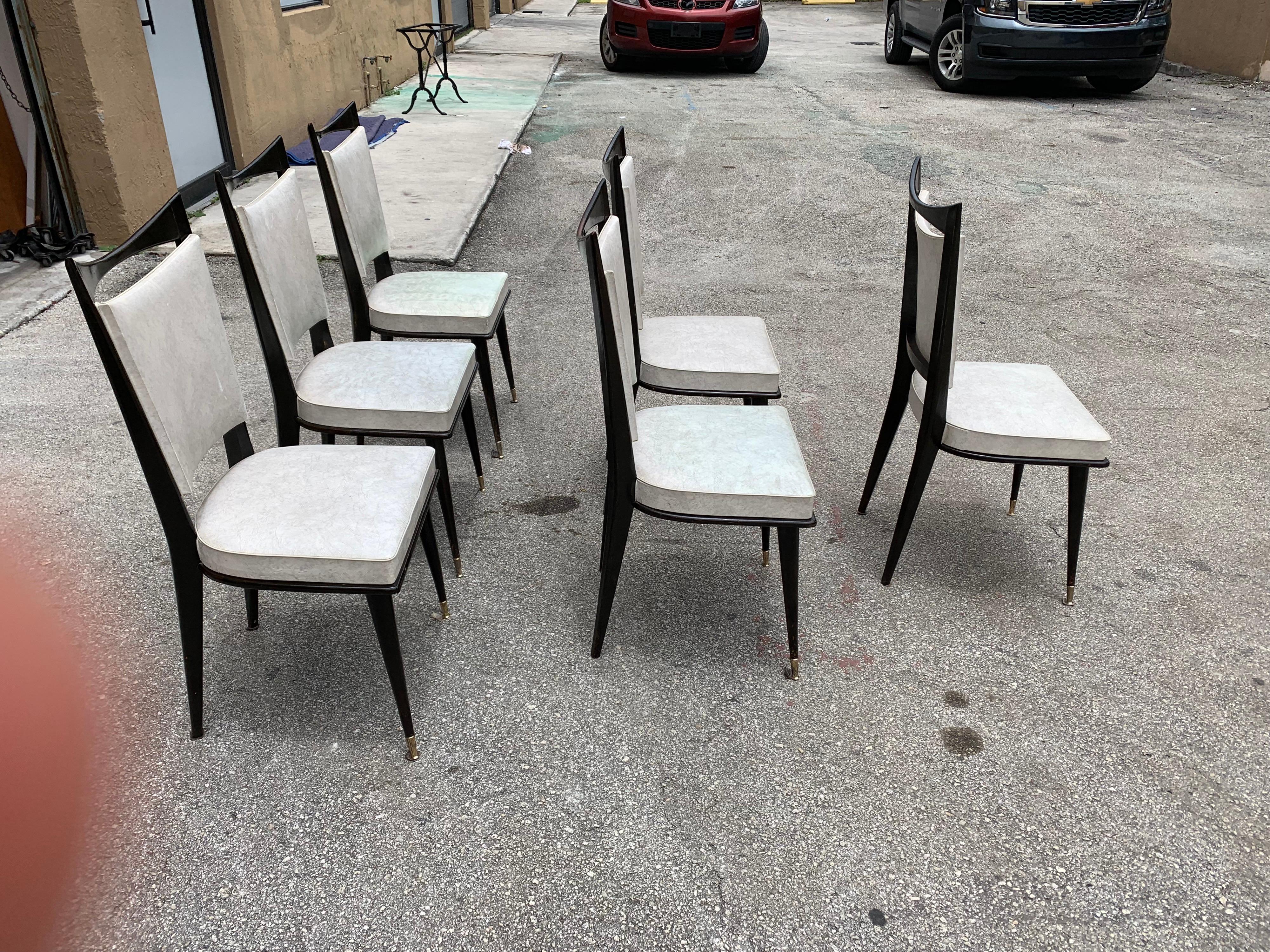 Brass Set of 6 French Vintage Solid Mahogany Dining Chairs, 1940s