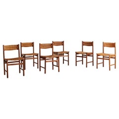 Set of 6 French Vintage Wood + Rush Dining Chairs