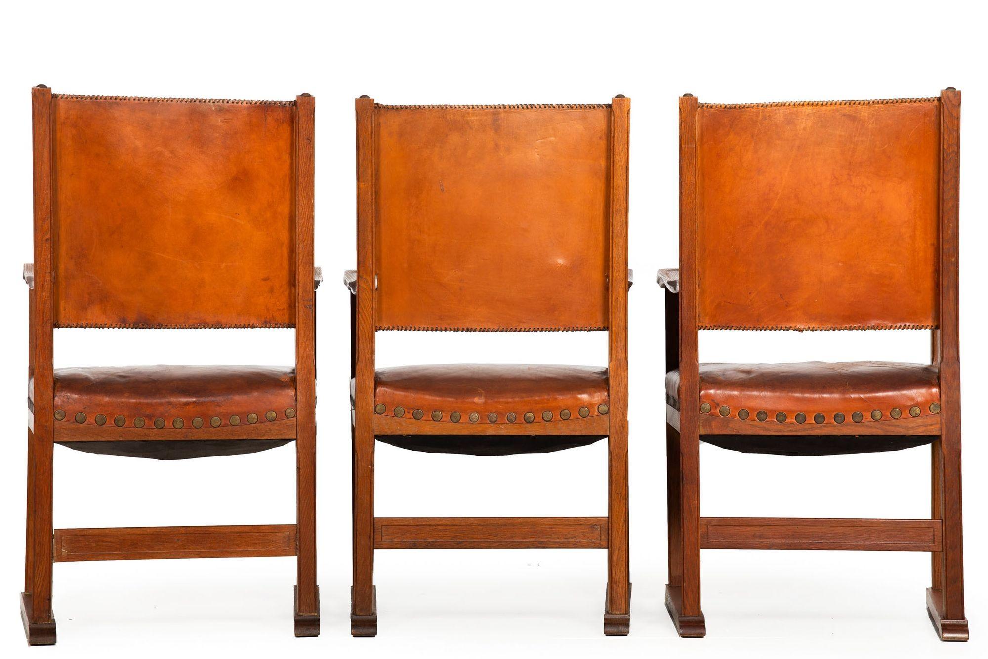 French Provincial Set of 6 French Vintage Worn Oak Stitched Leather Dining Chairs For Sale
