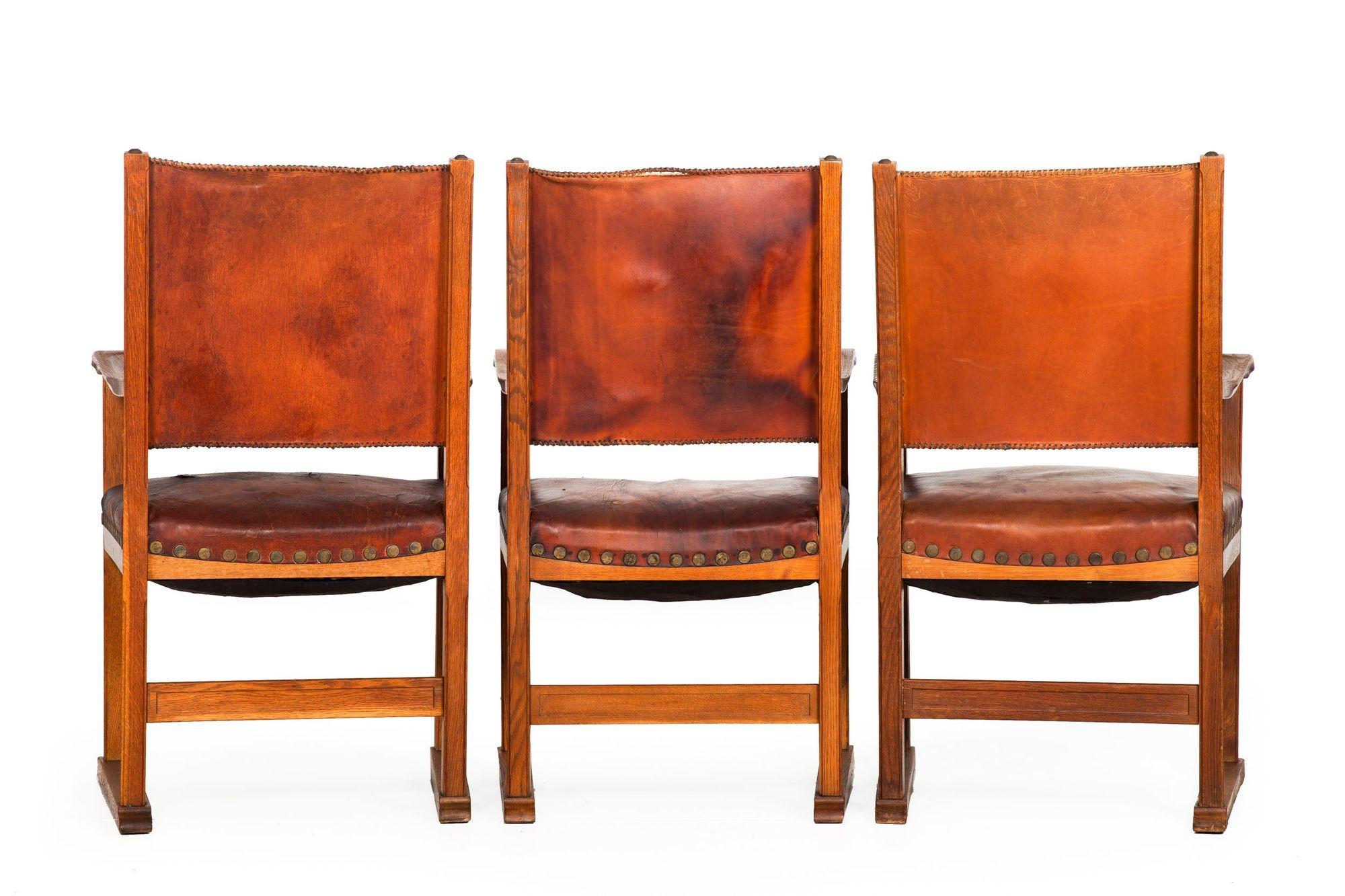Set of 6 French Vintage Worn Oak Stitched Leather Dining Chairs For Sale 2