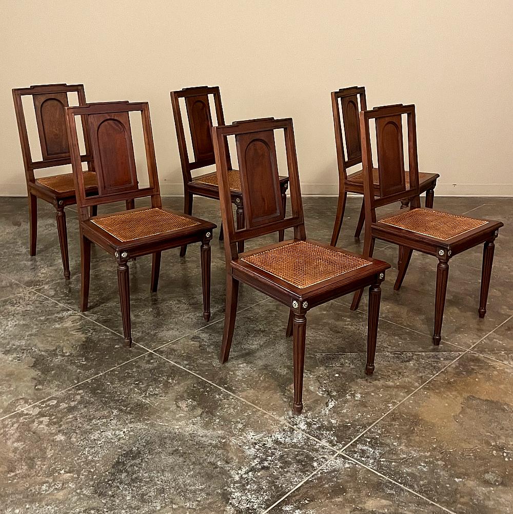 Louis XVI Set of 6 French Walnut Neoclassical Dining Chairs with Cane Seats