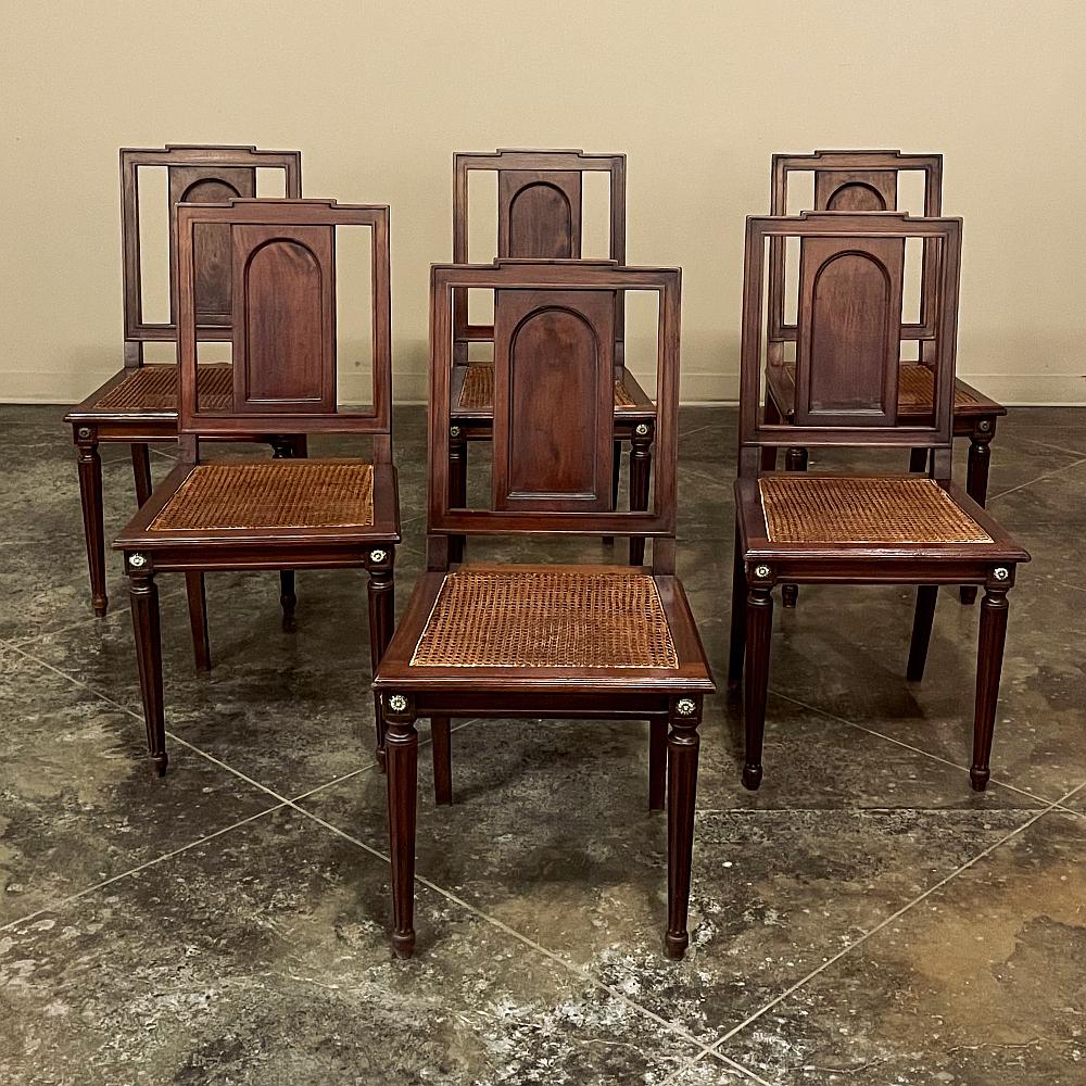 Hand-Crafted Set of 6 French Walnut Neoclassical Dining Chairs with Cane Seats