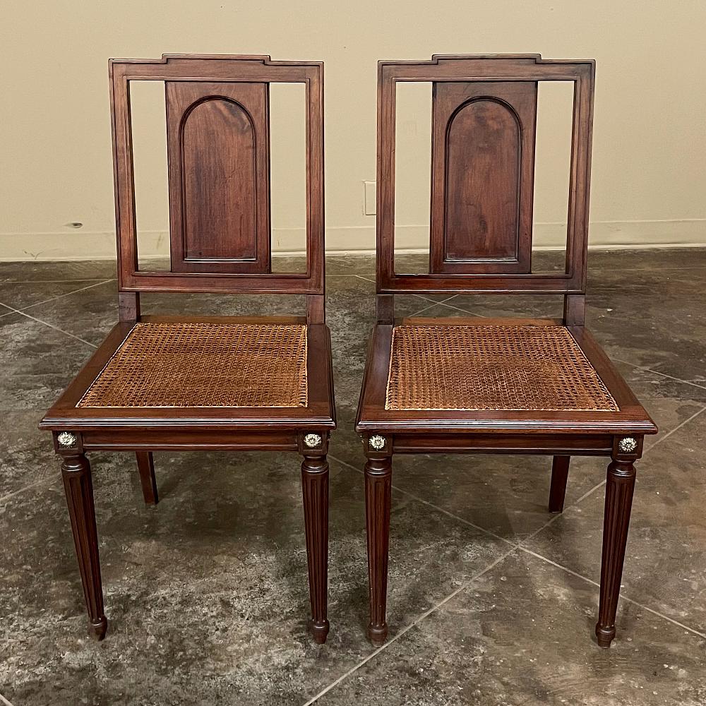 20th Century Set of 6 French Walnut Neoclassical Dining Chairs with Cane Seats