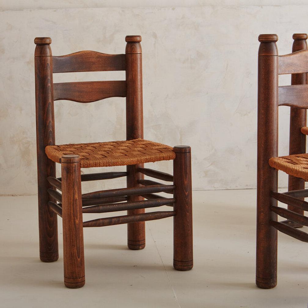 Set of 6 French Wood + Rush Dining Chairs in the Style of Charles Dudouyt, 1940s 8