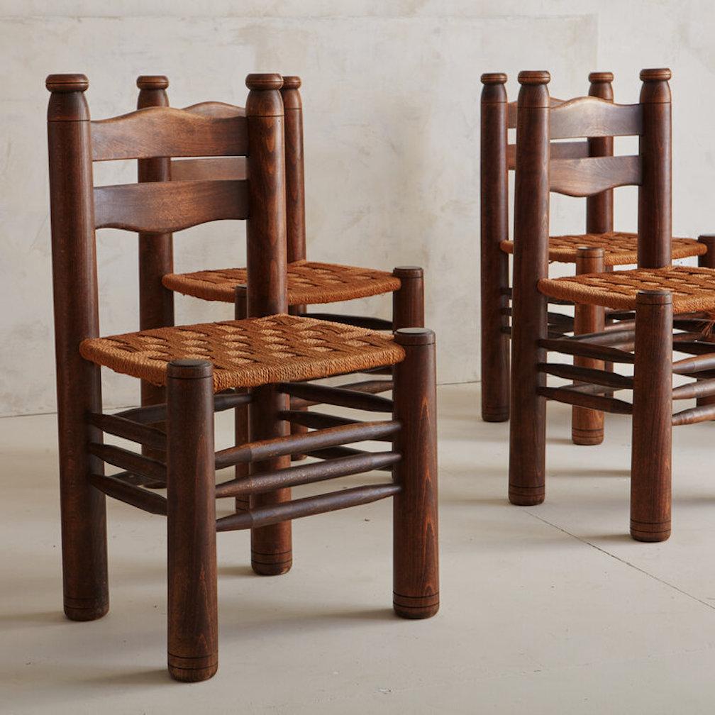 Set of 6 French Wood + Rush Dining Chairs in the Style of Charles Dudouyt, 1940s 9