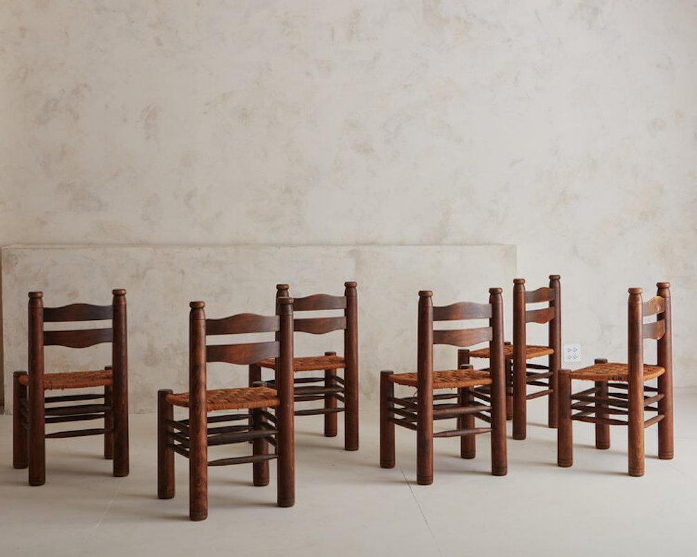 Rustic Set of 6 French Wood + Rush Dining Chairs in the Style of Charles Dudouyt, 1940s